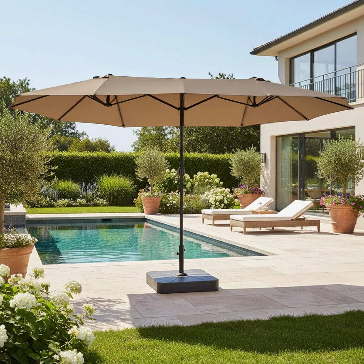 Ombrellone Doppio Da Giardino Parasole 4.6 x 2.4 M Per Esterno Piscina Terrazzo Con Palo In Acciaio E Tessuto In Poliestere Impermeabilie Anti UV Apertura A Manovella Colore Caffè