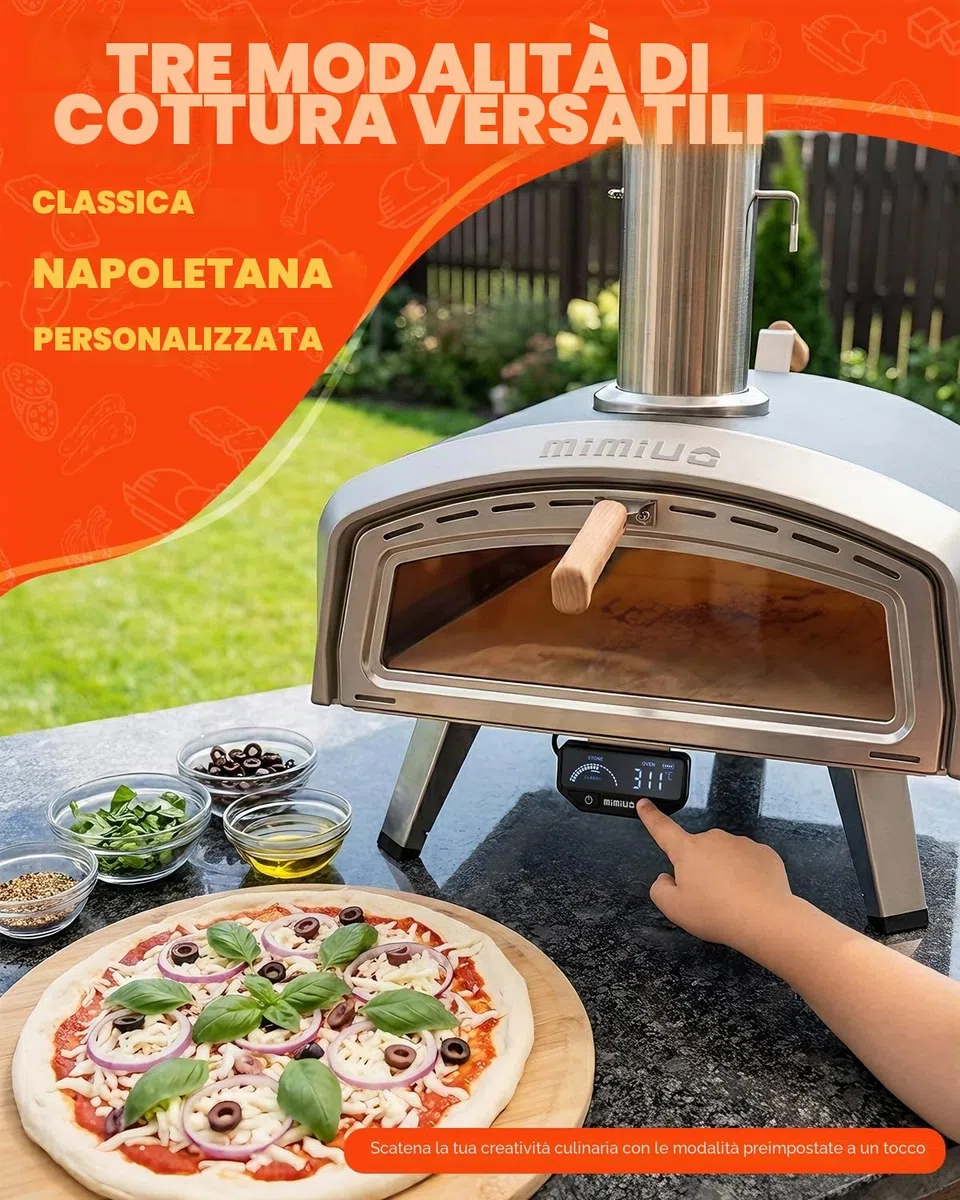 Mimiuo Forno Pizza de Esterno 16", Forno a Legna e Carbonella con Ampia Finestra di Visualizzazione, Indicatore di Temperatura Intelligente con Modalità Intelligenti per La Cucina All'aperto