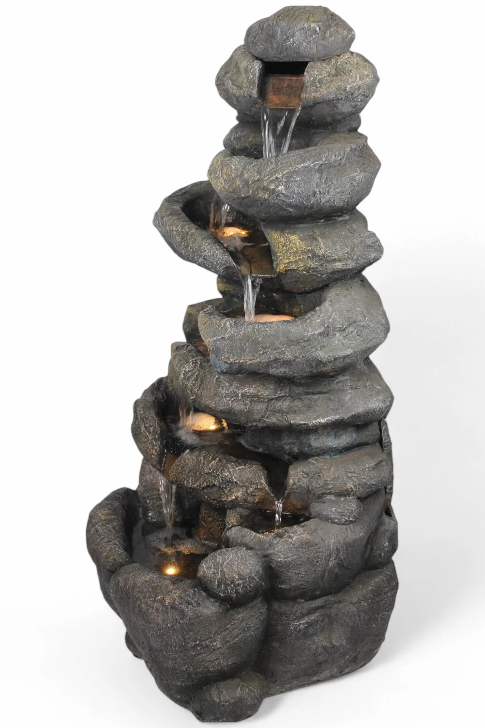 Grande Fontana da Giardino BK902 con Illuminazione LED, Fontana a Cascata in Stile Roccia, Grande Decorazione da Giardino, Aspetto in Pietra, 100 cm