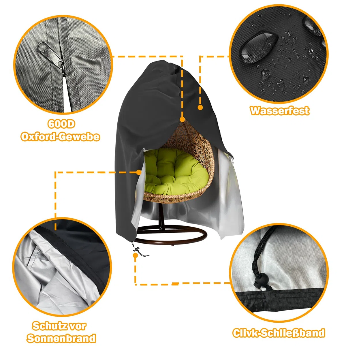 Longziming - Custodia protettiva per poltrona sospesa 210D, Oxford, impermeabile, antivento, resistente ai raggi UV, con rivestimento in PVC, con coulisse, colore nero (115 x 190 cm)