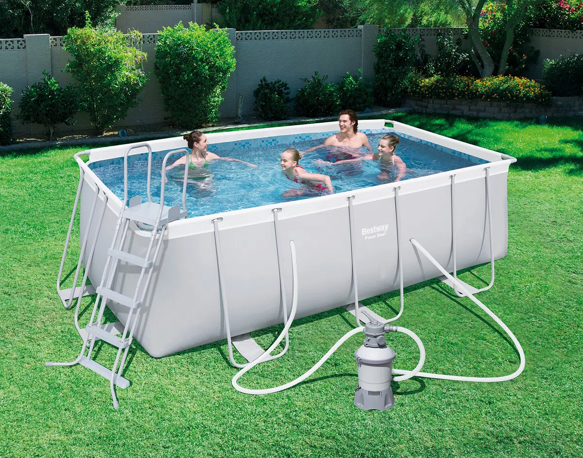 Bestway Power Steel 56457 Piscina con bordi Piscina rettangolare 8124L Blu, Grigio piscina fuori terra