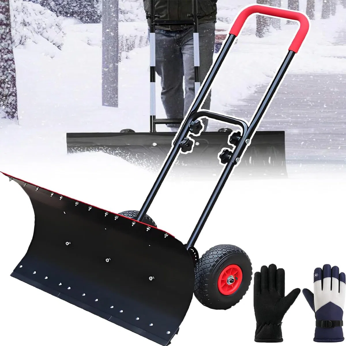 Pala da neve con ruote, 42 cm, pala a spinta per vialetto, regolabile a 360°, strumento di rimozione della neve per vialetto, antiscivolo