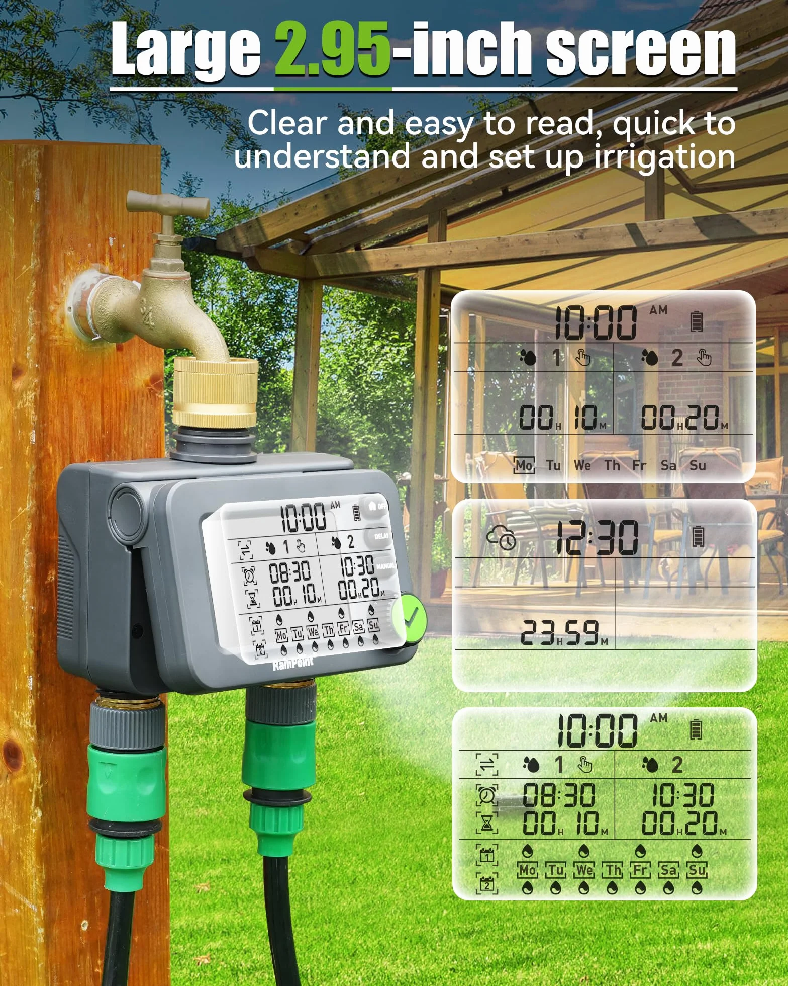 RAINPOINT Centralina Irrigazione 2 uscite con ingresso e uscita in ottone, Timer Irrigazione con ritardo della pioggia/modalità automatica e manuale, IP54/grande LCD, Computer di irrigazione giardino