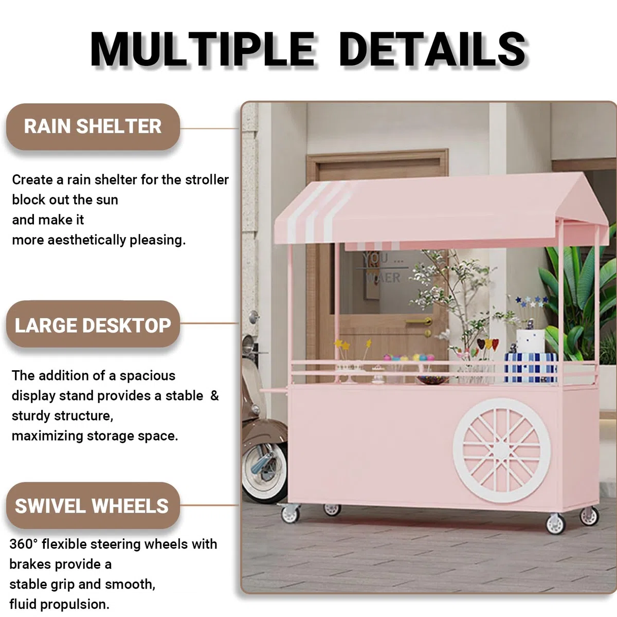 Espositore alimentare mobile con ruote bloccabili, banco pieghevole portatile, carrello con ampio spazio di stoccaggio, carro in ferro per mercati, eventi di street food e festival