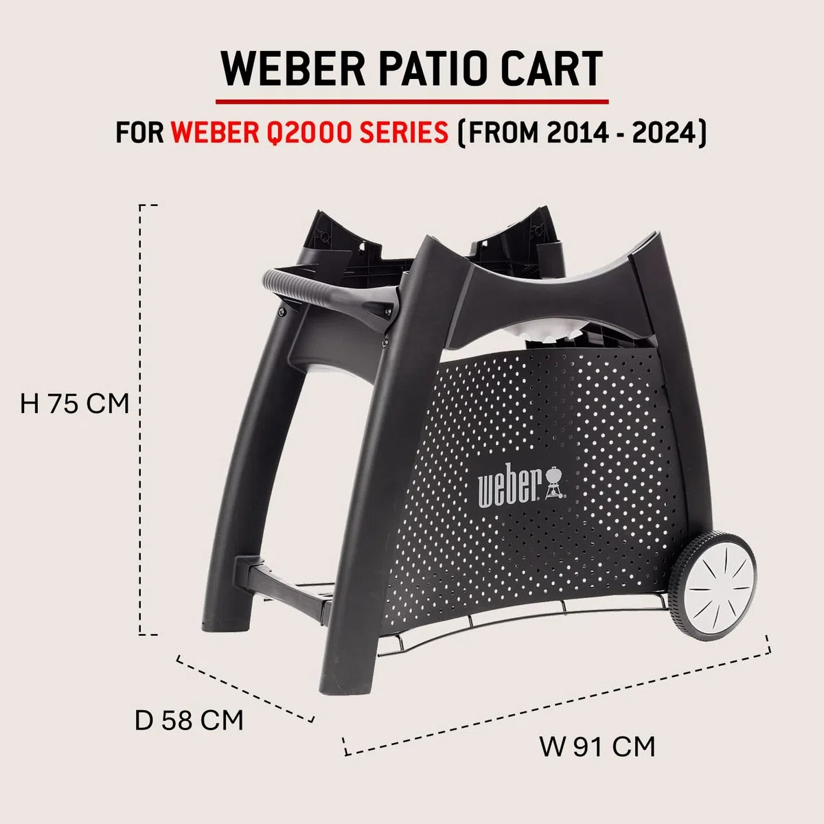 Weber Carrello Q | supporto con ruote per BBQ a gas serie Q 2000, ganci attrezzi, maniglia, vano accessori, 75,5x91x58 cm