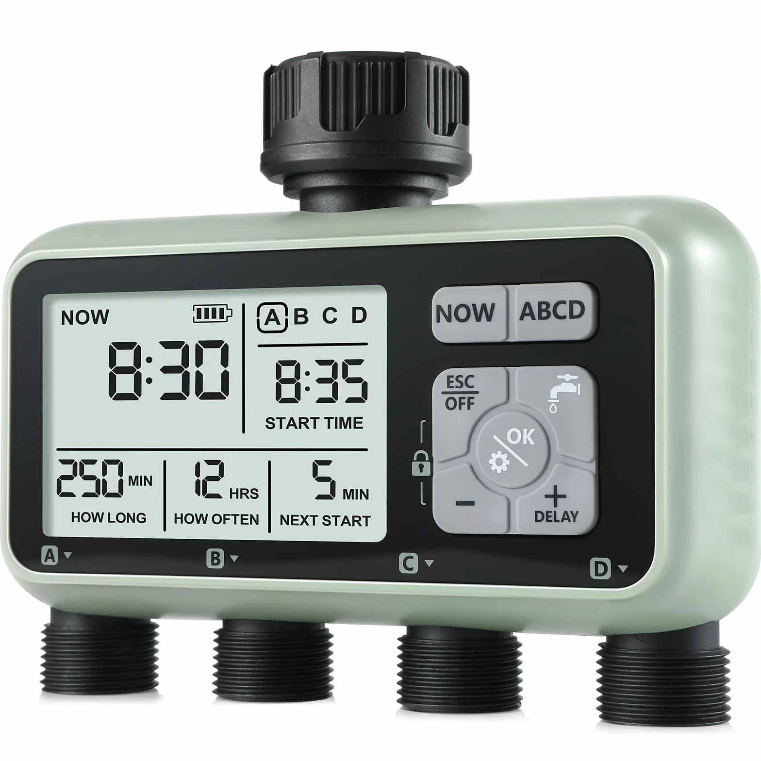 CROSOFMI 4 Vie Timer Irrigazione Automatica Digitale Centralina Irrigazione Temporizzatore Programmatore Irrigazione Giardino /IPX5 Impermeabile/Ritardo Pioggia/Modalità di Irrigazione Manuale
