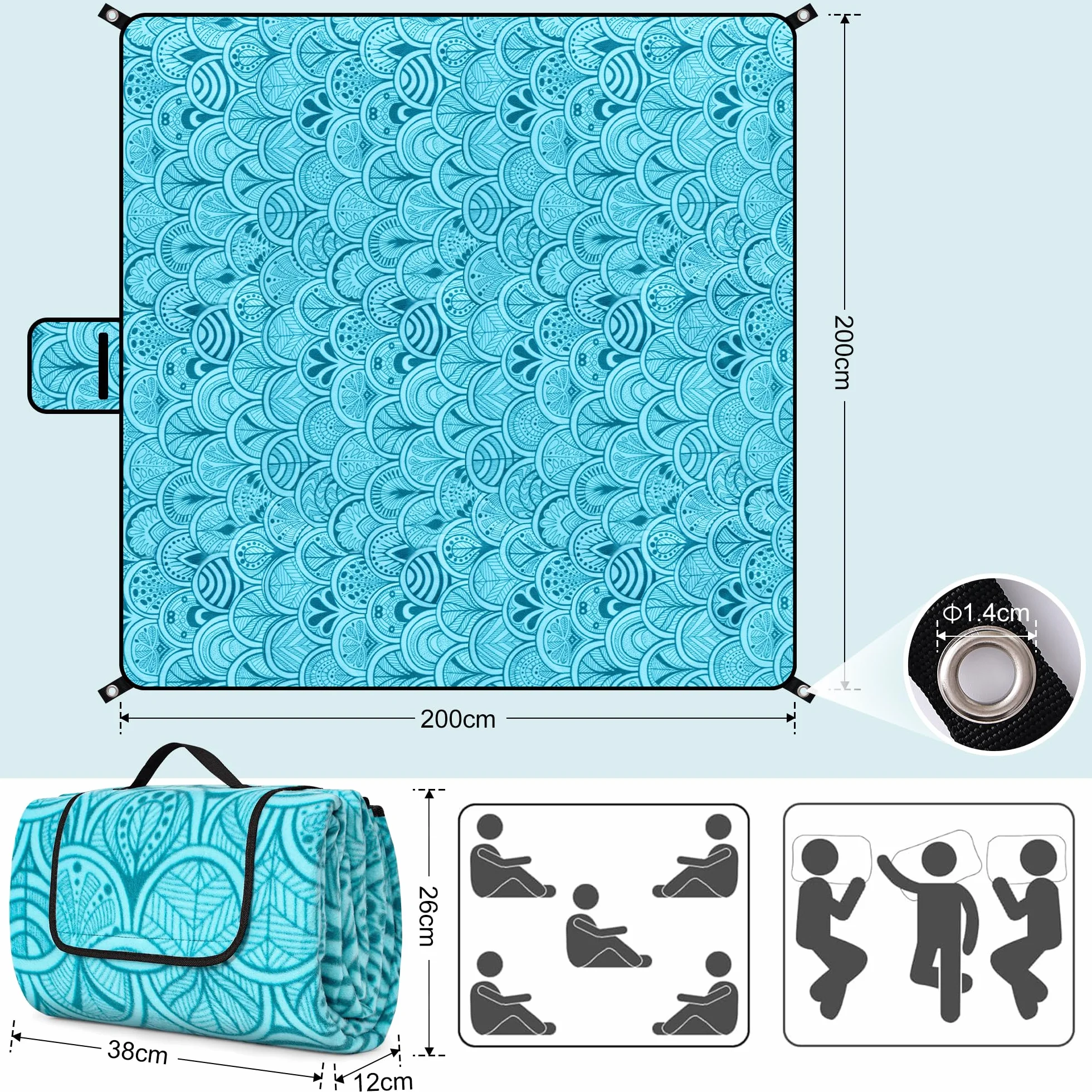 Coperta Picnic Impermeabile 200x200 cm, Telo Picnic Impermeabile, con Maniglia, Lavabile Lavatrice, Pieghevole, Coperta da Spiaggia Picnic, Tappetino da Picnic per Spiaggia, Viaggi, Campeggio