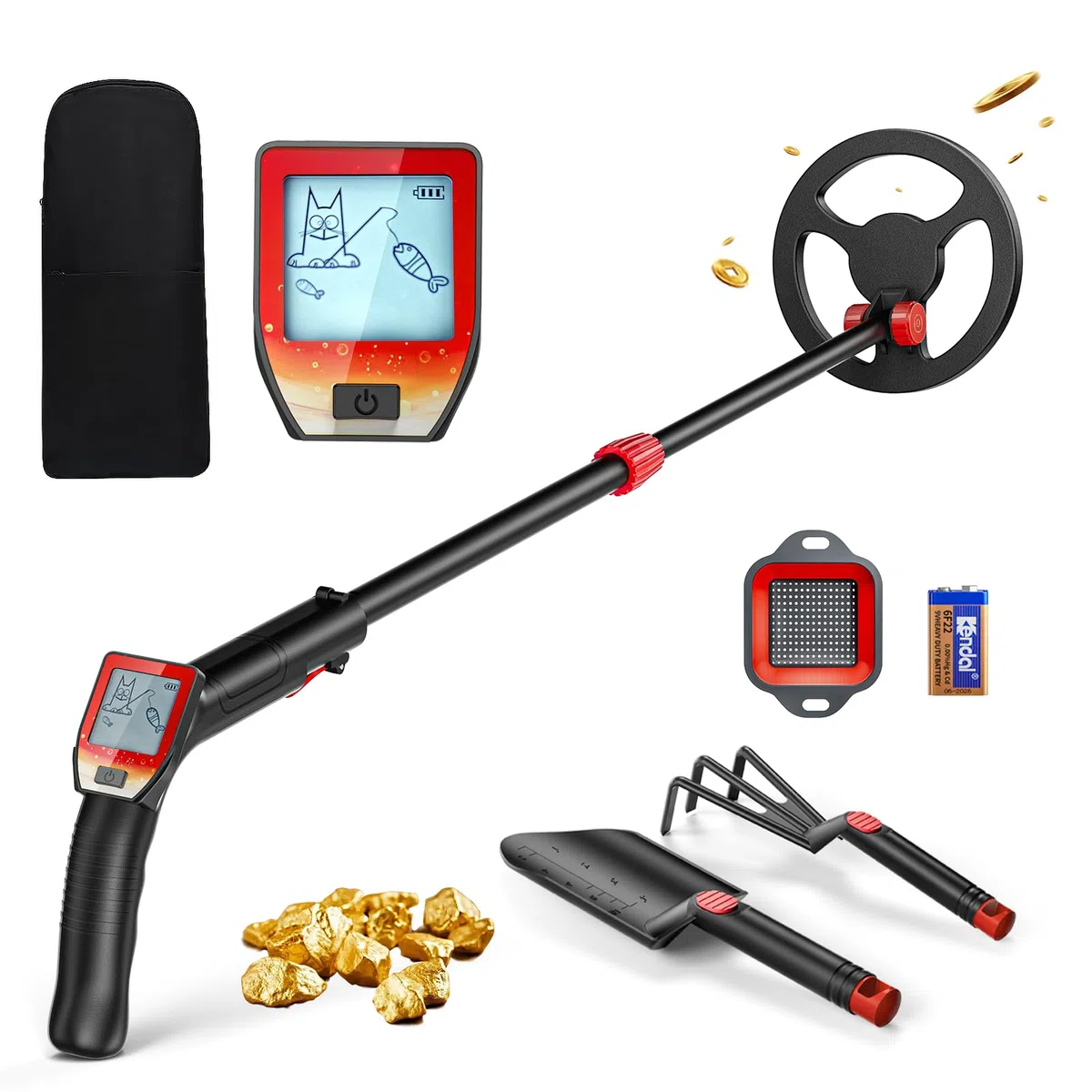 Metal Detector Bambini, Metal Detector per Bambino Leggero con Asta Regolabile 66-83 cm, Display LCD e Bobina di Ricerca Impermeabile, Pala, Rastrello, Setaccio e Borsa, Rosso