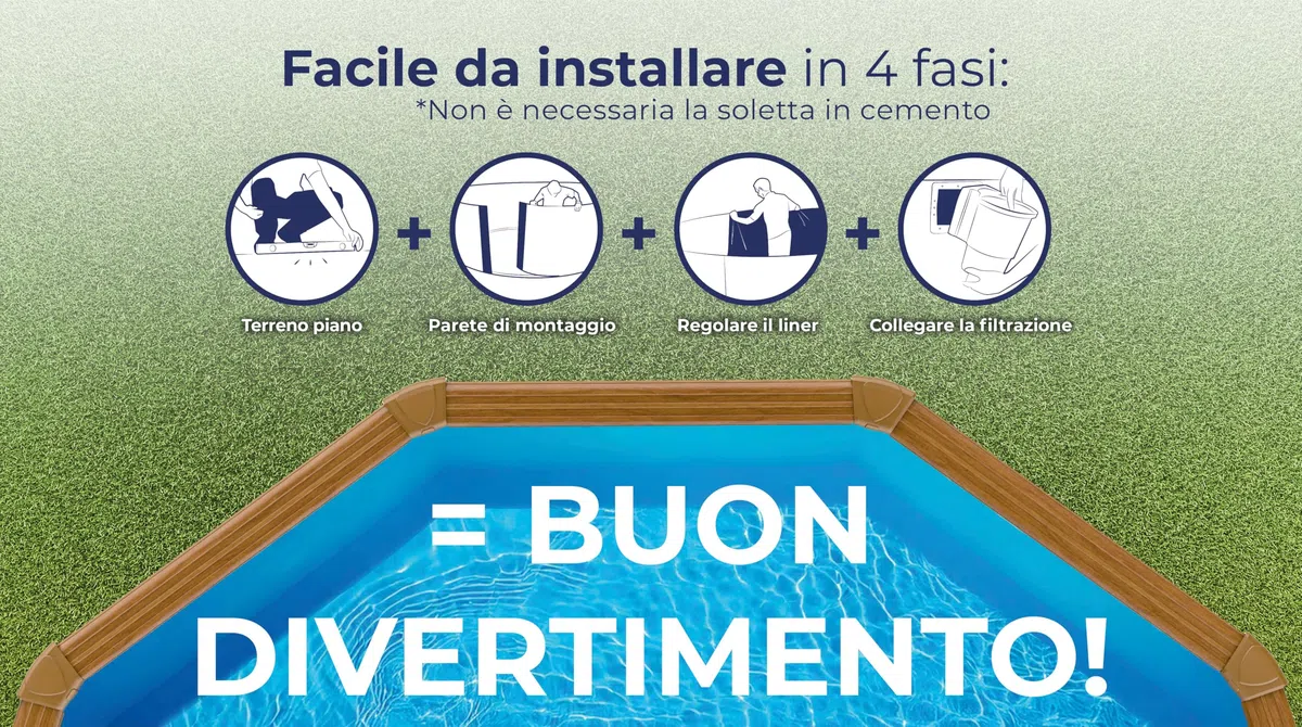 Gre KIT610W Pacific. - Piscina fuori terra in acciaio, ovale con aspetto in legno. Piscina scomponibile per Giardino. 610 x 375 x 120 cm