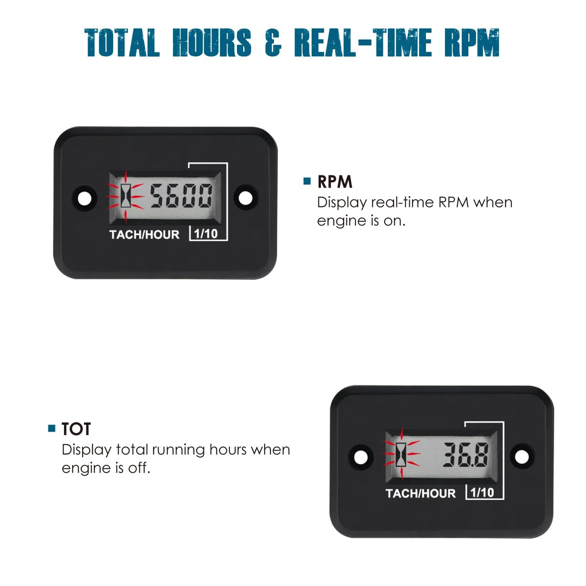 Runleader RL-HM012 Mini tachimetro/contaore – IP68 impermeabile, giri/min in tempo reale e ore motore totali per tosaerba ZTR, generatore, quad & motosega