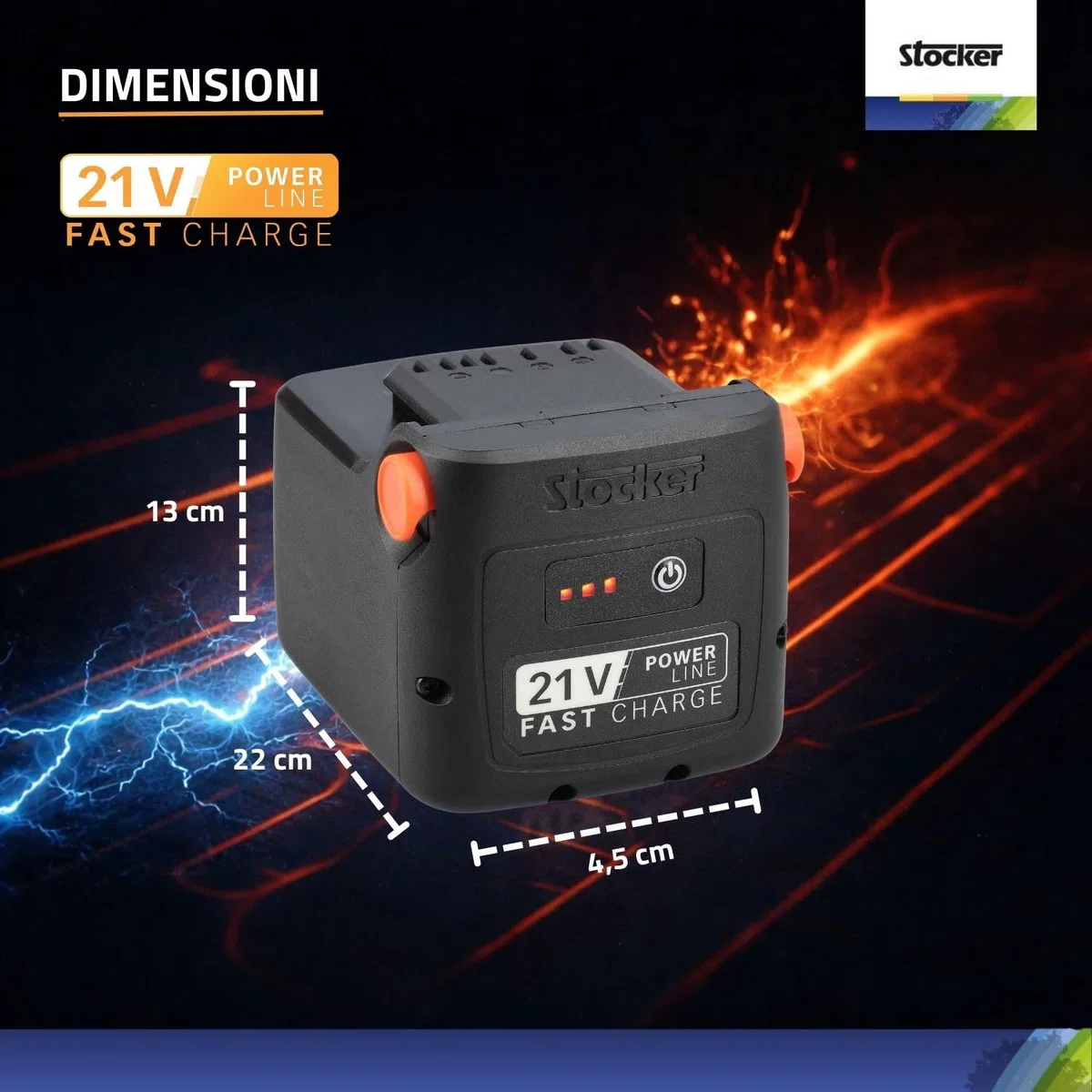 STOCKER - Kit 2 Batterie Fast Charge 21V 4Ah, Ricarica 70 Min, Compatibili Attrezzi Linea Power 21V, Sistema Fast-Click in con LED Stato Carica