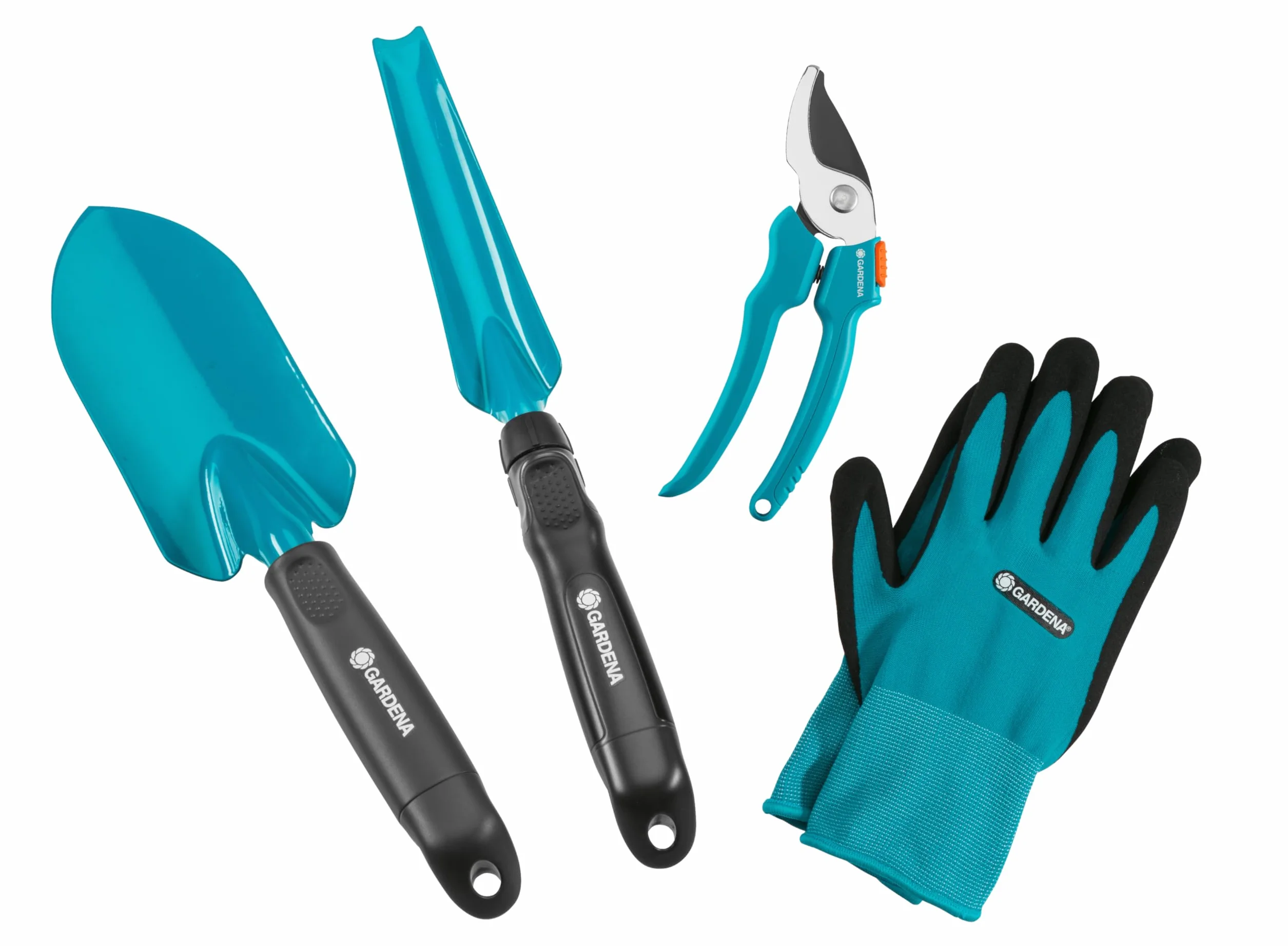 Equipaggiamento di Base Gardena: Kit per Giardino da 4 Pezzi, Forbici Universali, Stabile Trapiantatore, Estirpatore, Guanti da Giardino (8965-30)