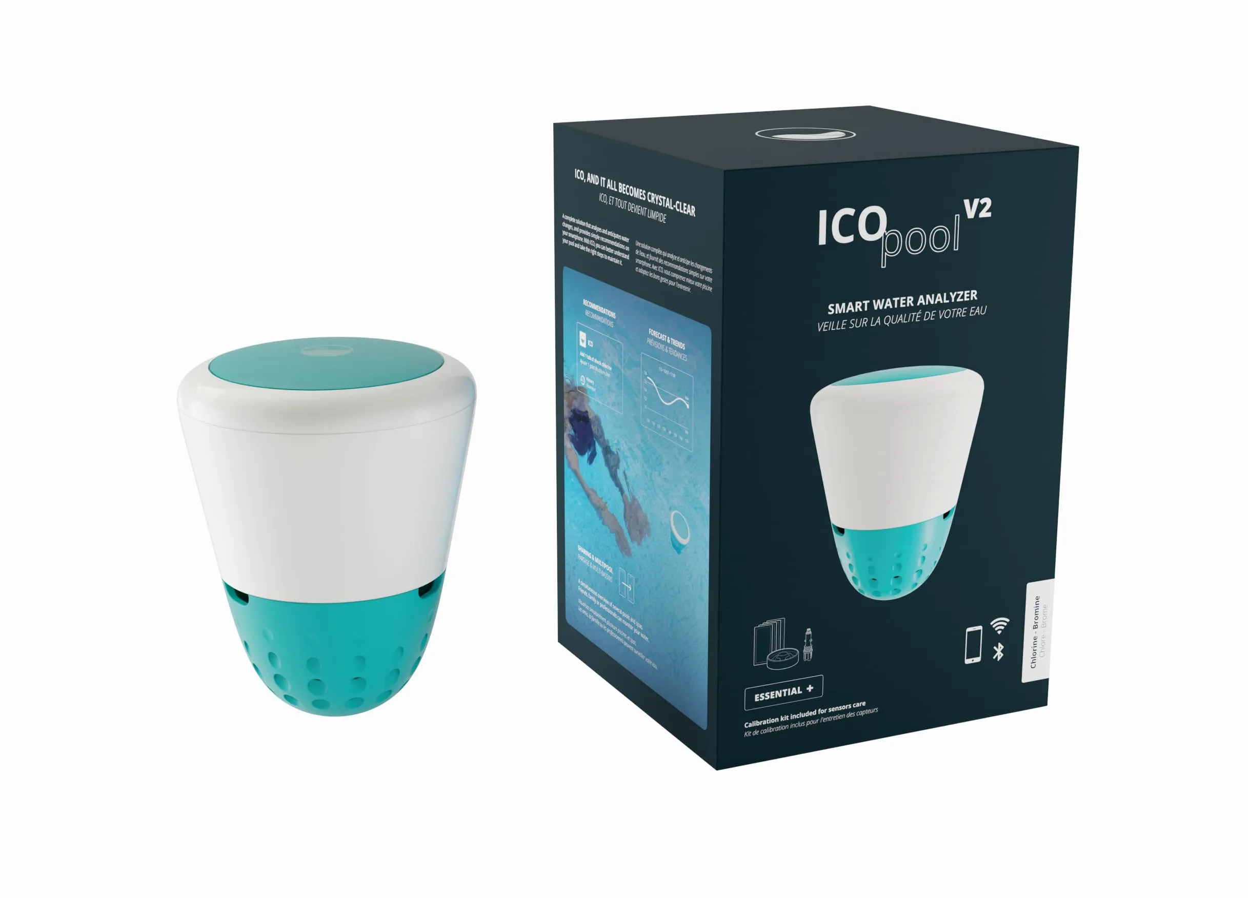 Ondilo ICO Pool V2 Essential+ Clore Brome - Analizzatore d'acqua collegato per piscine trattate con Coro o Bromo - Misurazioni ogni ora pH, ORP, temperatura dell'acqua - Kit di calibrazione incluso