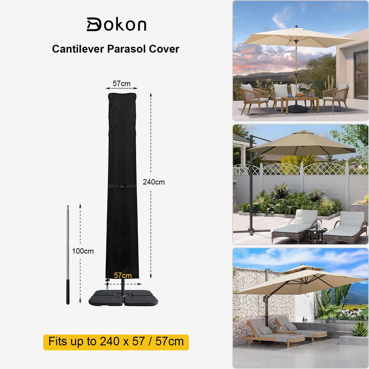 Dokon Copertura per Ombrellone a Braccio Decentrato Impermeabile Copertura Ombrellone Decentrato da 3 a 4m con Asta, Anti-UV Tessuto Oxford 420D Telo Copri Ombrelloni da Giardino (240x57/57cm) Nero