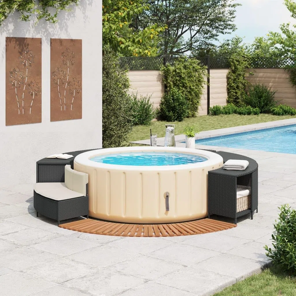 Bordo per Spa Nero in Polyrattan e Legno Massello di Acacia-365614