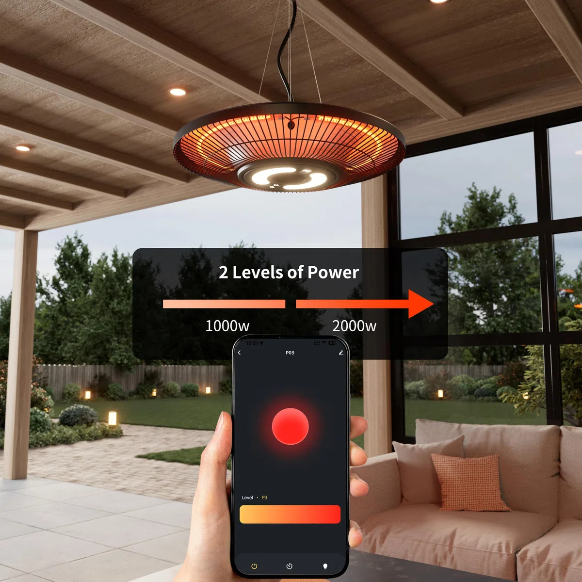 Stufa elettrica da esterni da appendere, 2000 W, a infrarossi, da parete, montaggio a soffitto, impermeabile IP65, per ristorante, giardino, garage e gazebo