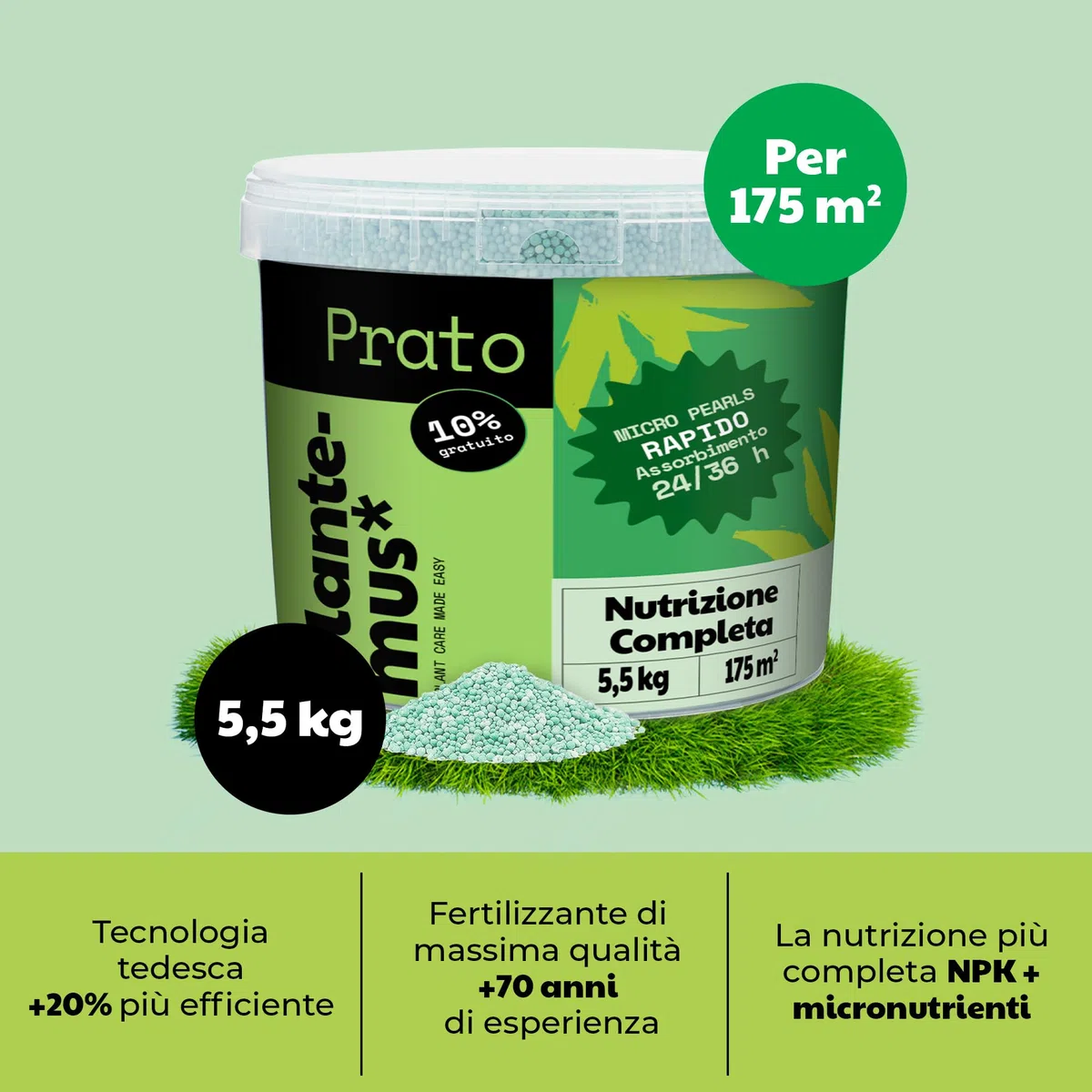 PLANTEMUS Concime per Prato Premium a Effetto Prolungato per 175 m² | Concime NPK (12-11-18) granulare in Perle Ultrasolubili | Nutrizione Completa per un Prato Forte, Verde e Denso 5.5 kg