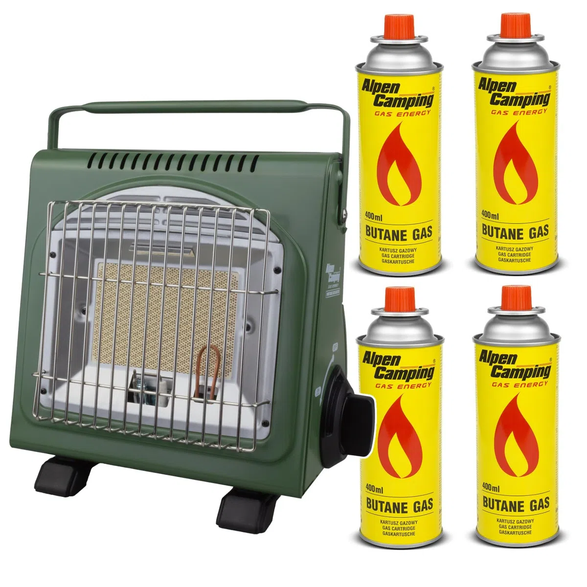 Alpen Camping Riscaldatore a gas + 4 cartucce da 400 ml, potenza di riscaldamento 1,7 kW, consumo di gas economico 124 g/h, accensione piezoelettrica, ideale per esterni, tenda e casetta da giardino,