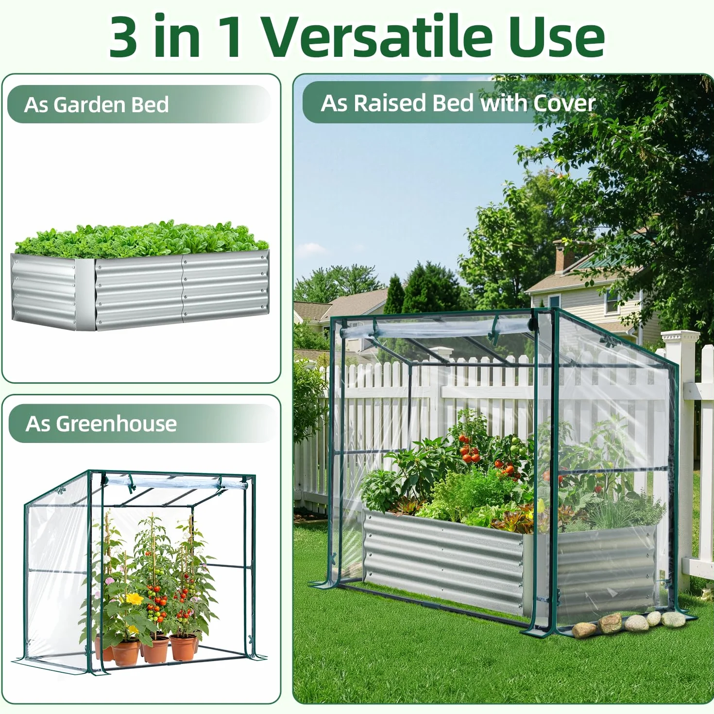 Ohuhu Aiuola rialzata 3 in 1 in metallo con serra e pellicola in PVC, fioriera rialzata con pomodoro, aiuola con struttura in acciaio, per giardino, 120 x 60 x 30 cm