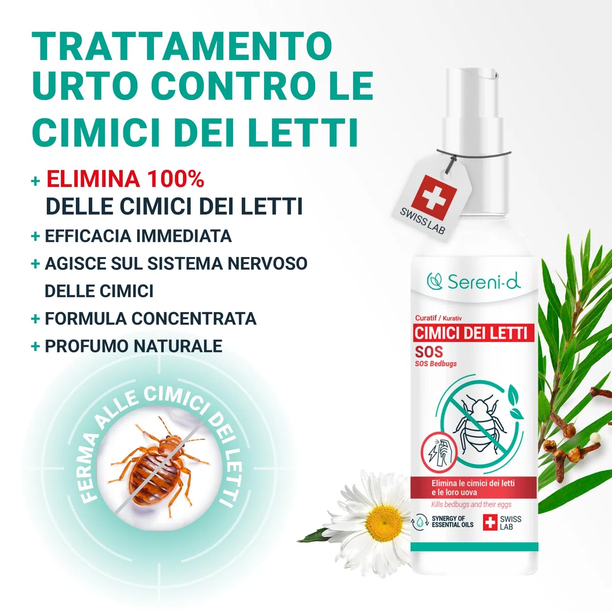 SOS ANTI CIMICI DA LETTO CHOC - Spray Insetticida CHOC - Disinfestazione facile e rapida delle cimici da letto - Trattamento naturale con Oli Essenziali e Fiore di Piretro Vegetale - Swiss Lab