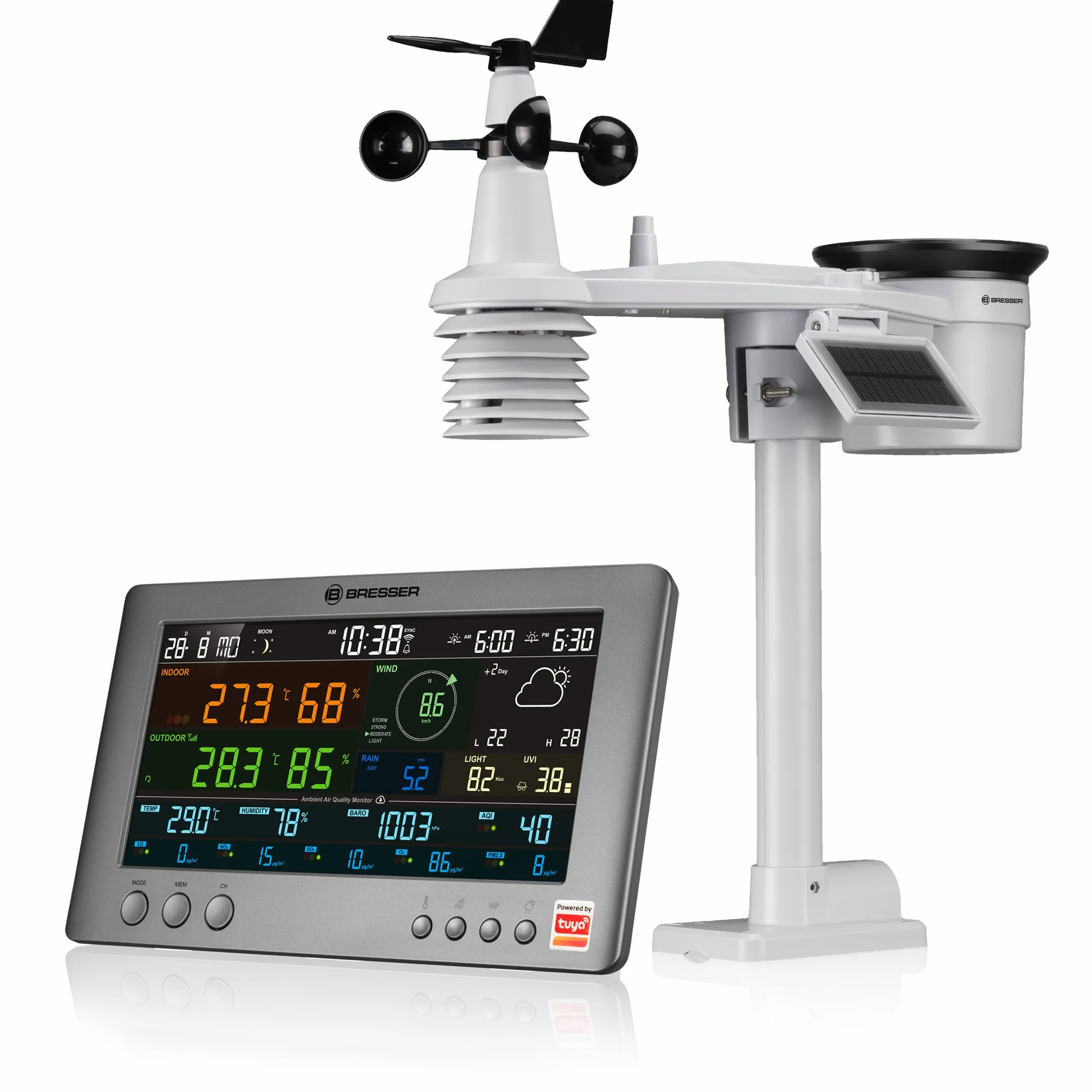 Bresser Tuya Stazione meteo professionale Wifi con sensore 7 in 1 | Temperatura interna ed esterna, umidità, pluviometro, anemometro, previsioni 6 giorni, app Tuya, qualità aria