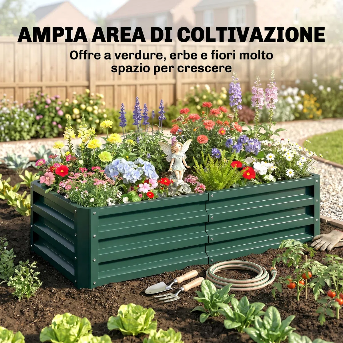 Outsunny Letto per Orto Rialzato da Esterno 182L, Fioriera da Balcone in Acciaio Galvanizzato con Fondo Aperto, per Piante, Fiori e Verdure, 120x60x30.5cm, Verde
