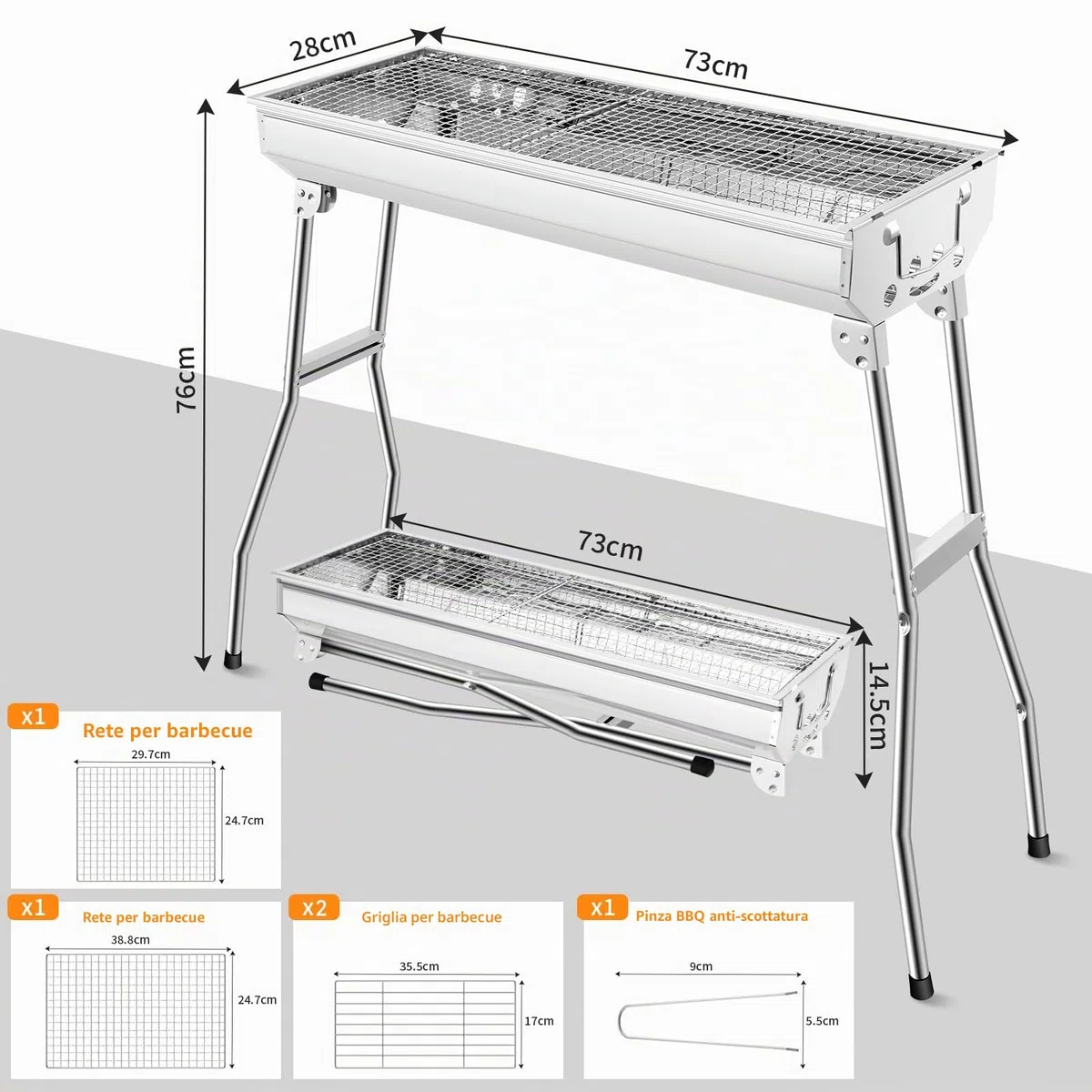 Barbecue a carbonella XXL (73 * 28 * 76 cm), Barbecue portatile a carbone, Griglia pieghevole in acciaio inox, Barbecue a carbone per esterni, Barbecue da tavolo a carbonella, Carrello barbecue