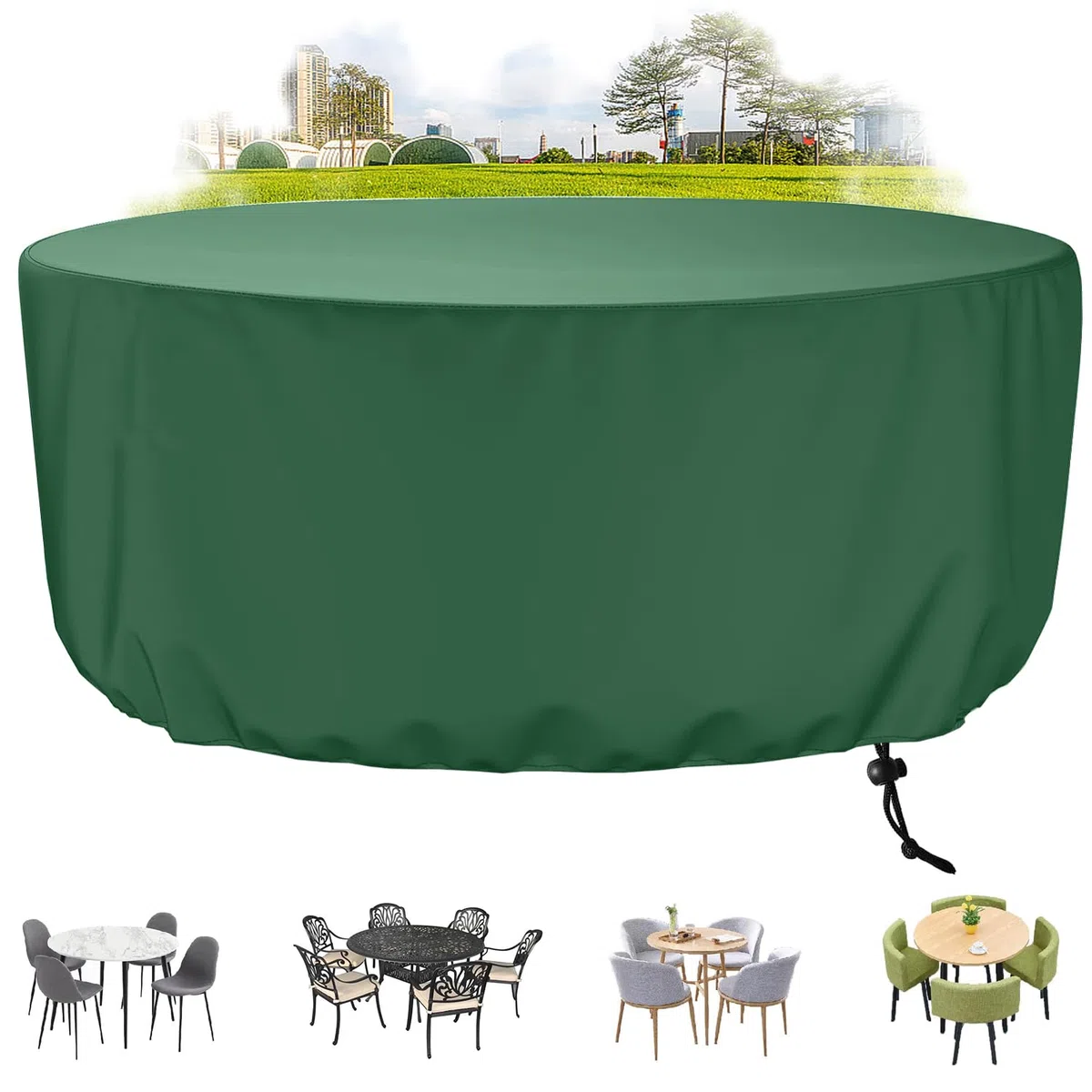 Coperture per Mobili da Giardino Rotondo, Copertura Tavolo Esterno, Copritavolo da giardino, 420D Oxford Copertura Protettive per Tavoli, Sedie e Divani da Esterno, 175x80cm, Verde
