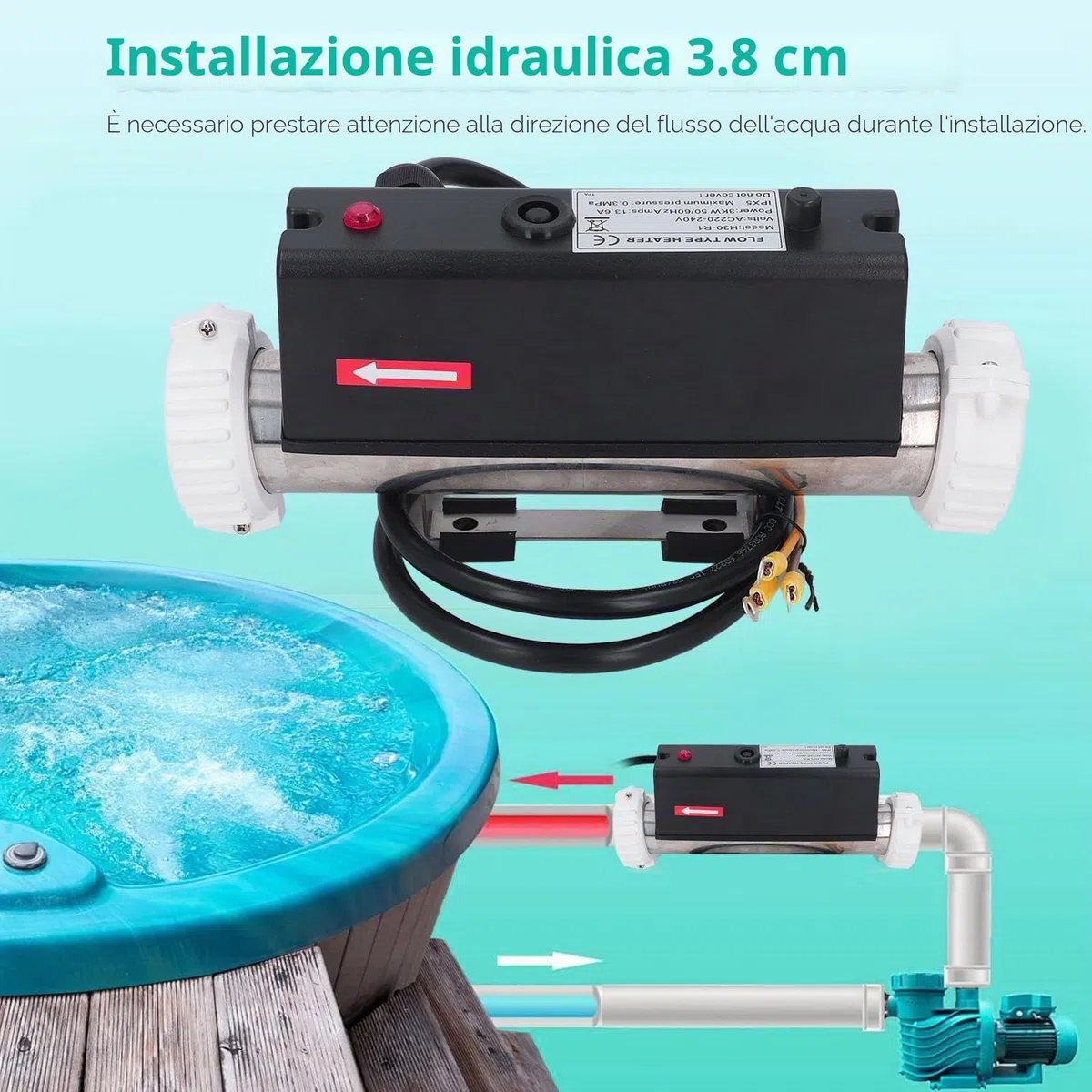 Tnfeeon Riscaldatore per Piscina Riscaldatore Elettrico per Vasca Idromassaggio Termostato per L'acqua con Controllo della Temperatura Riscaldamento Autonomo per Vasca Idromassaggio (3KW)