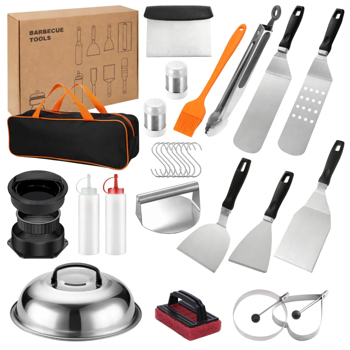 27 Pcs Accessori Barbecue, Kit Smash Burger, Utensili Teppanyaki Barbecue Attrezzi Acciaio Inox con Portatile Valigetta, Perfetti Utensili Uomini per Campeggio, All'Aperto Cucina, Picnic