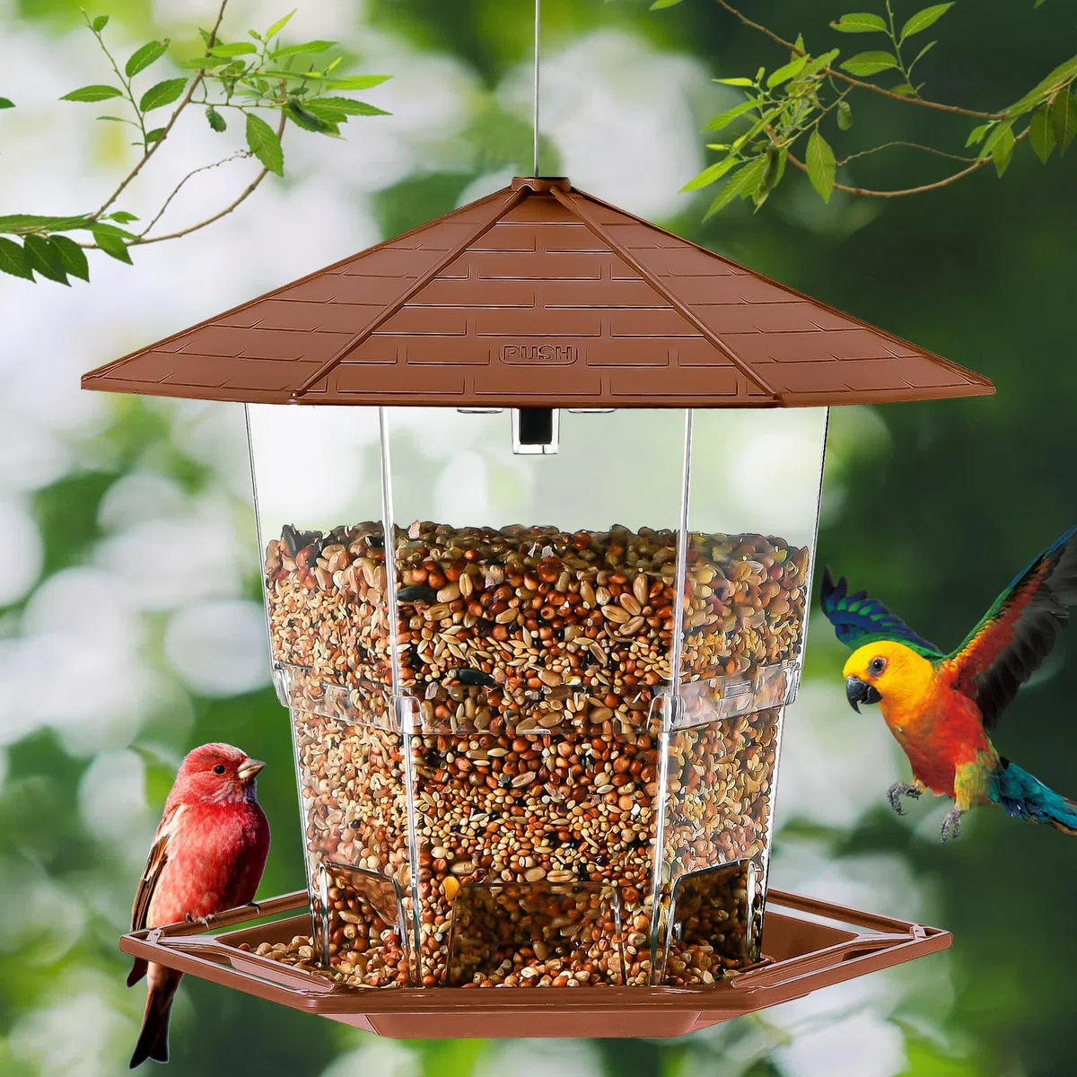 Jealoeur Mangiatoia per uccelli da esterno con funzione di bloccaggio, dispenser per uccelli retrattile da appendere all'aperto, decorazione da giardino, cortile per birdwatcher (marrone-1)