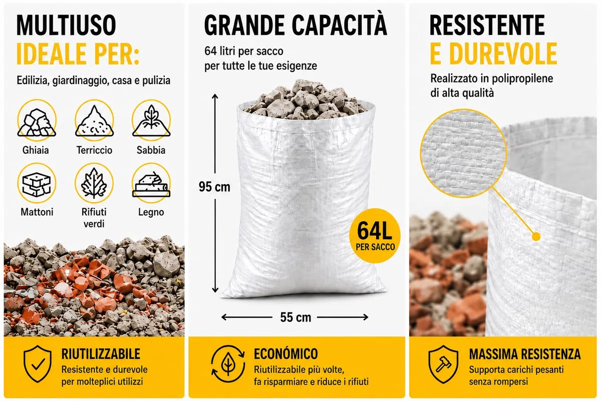 20 sacchetti da cantiere, 95 x 55 cm, in polipropilene intrecciato, ultra resistenti, con 20 fascette e 1 paio di guanti da manipolazione