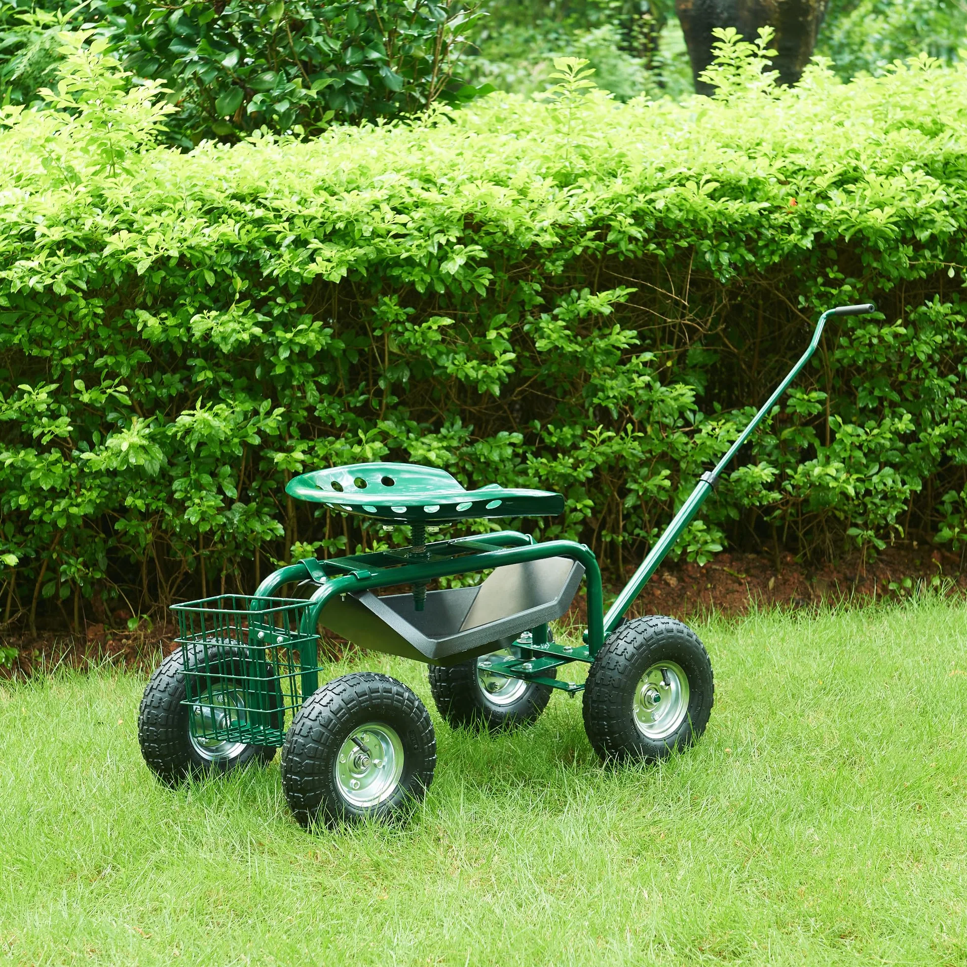 pro.tec Sgabello da Giardinaggio con Ruote Pneumatiche e Sedile Regolabile in Altezza Carrello in Acciaio da Giardino 81x45 cm con Manico Vassoio e Cestello Porta Attrezzi - Verde/Nero/Argento