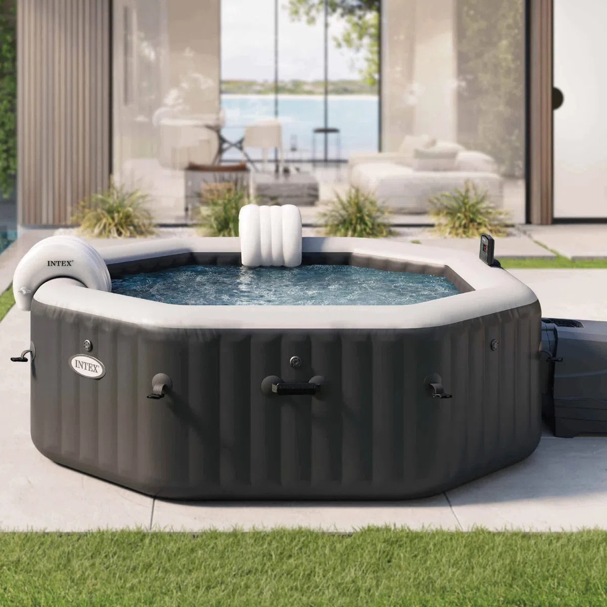 Intex 28462EX - PureSpa Vasca Idromassaggio Gonfiabile Jet&Bubble Deluxe Ottagonale, 6 posti, 140 Getti, Riscaldatore, Nero, 218x71 cm