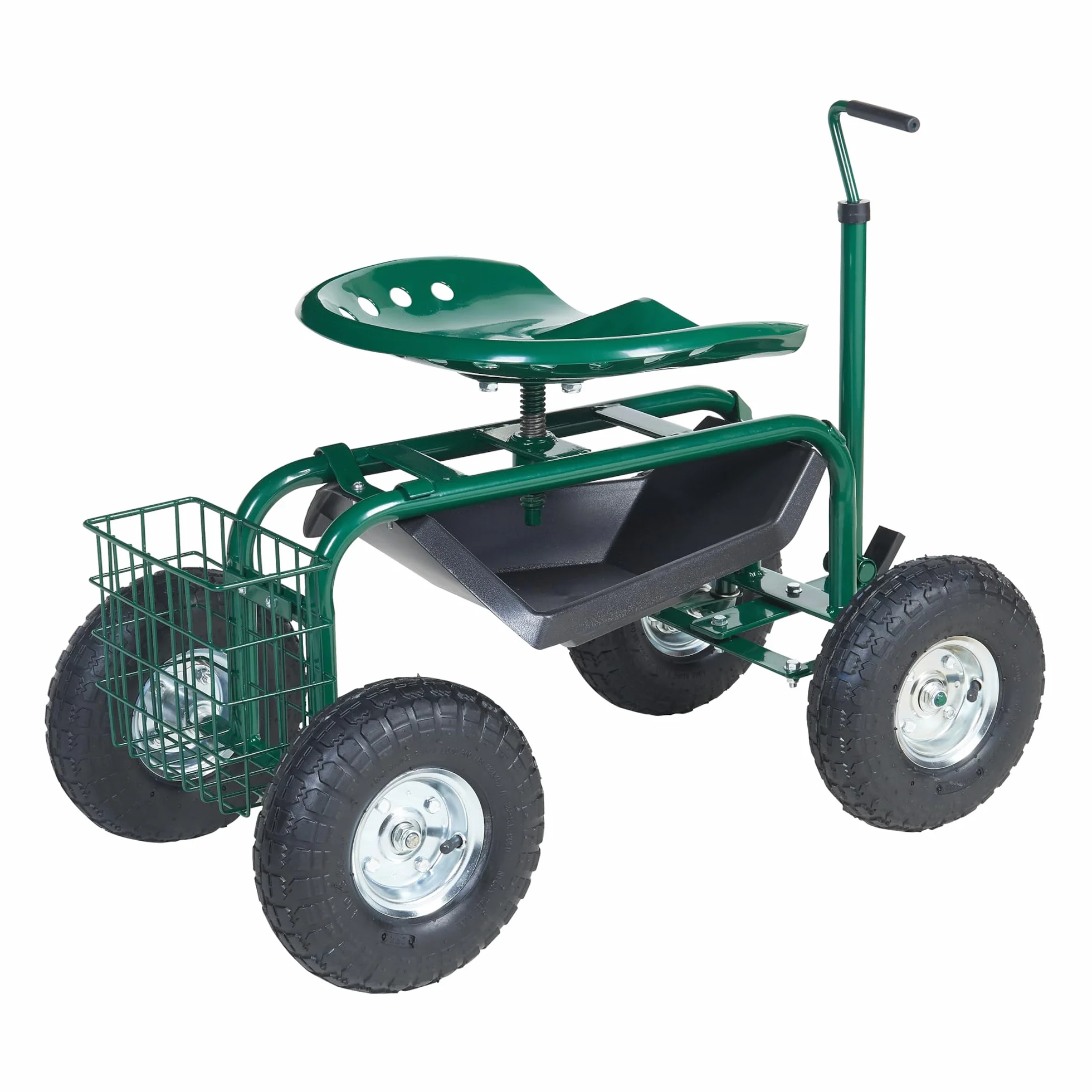 pro.tec Sgabello da Giardinaggio con Ruote Pneumatiche e Sedile Regolabile in Altezza Carrello in Acciaio da Giardino 81x45 cm con Manico Vassoio e Cestello Porta Attrezzi - Verde/Nero/Argento