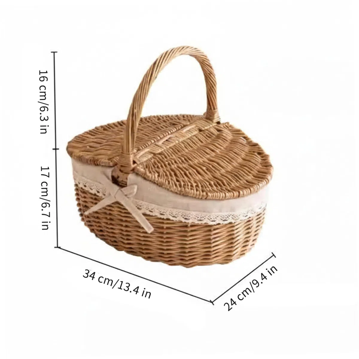 Cestino da picnic in tessuto stile vintage con coperchio e manici – Cestino da picnic in vimini per riporre la spesa campeggio, medio