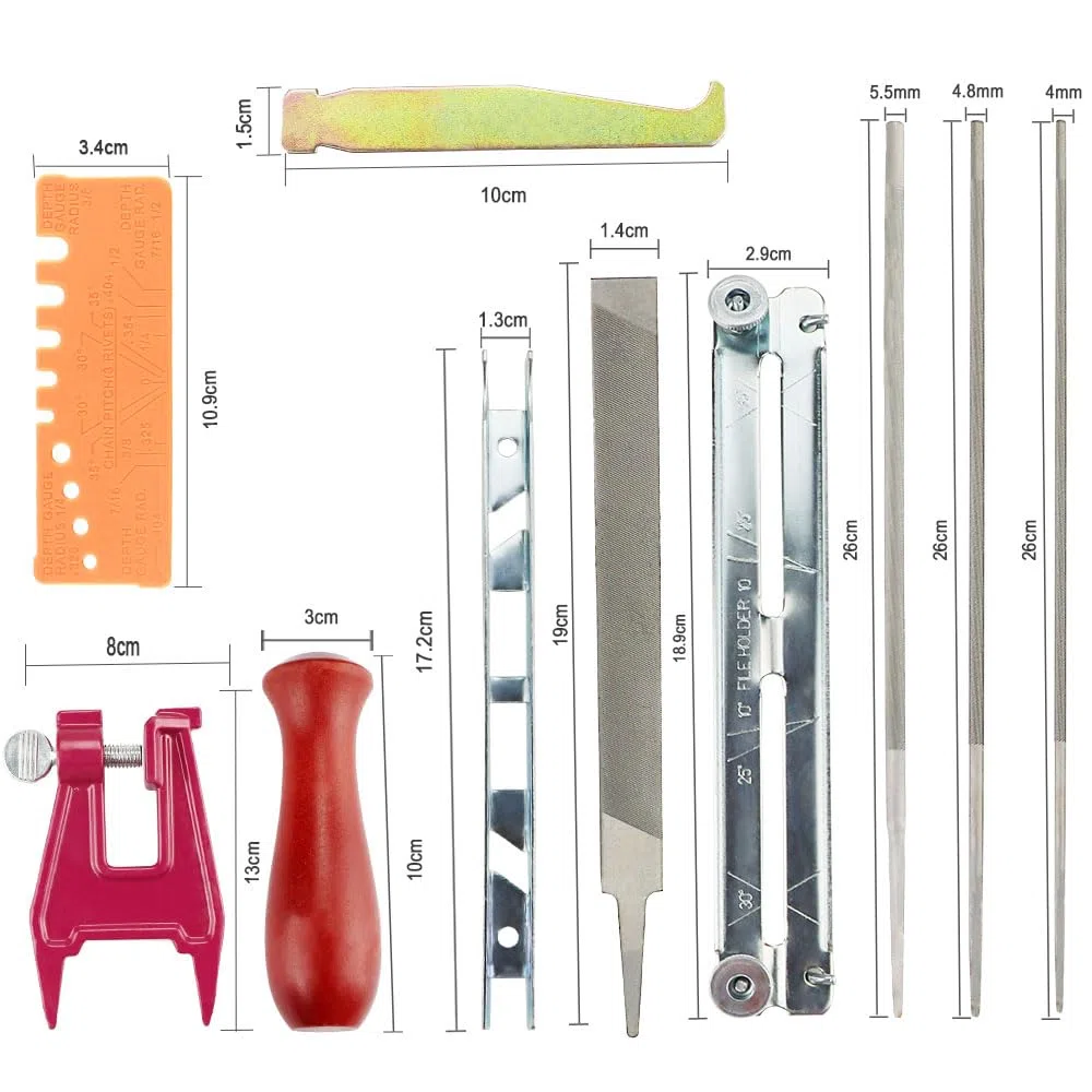 Affilatura per Motosega Kit, Affila Catena Motosega Kit, Affilatura Lama Motosega Kit, con 1 Lima Piatta 3 Lima Rotonde e Morsa per Ceppo per Motosega, per Affilatura e Limatura di Motoseghe
