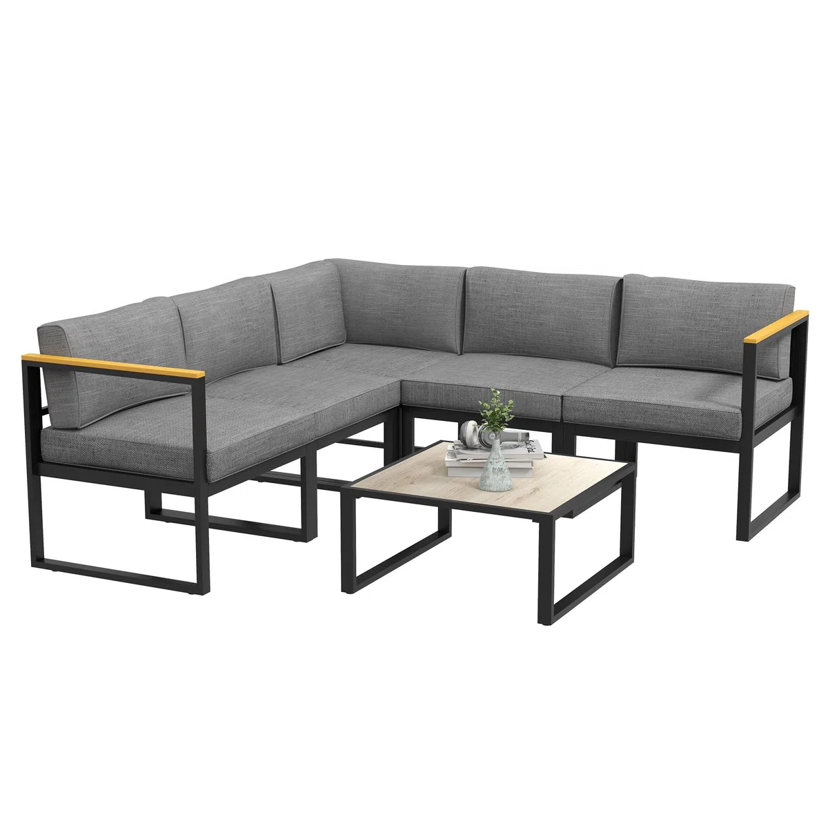 Outsunny Salotto da Giardino con Divano e Tavolino, Set 6 Pezzi in Alluminio con Cuscini Imbottiti, Tavolino con Piano Effetto Legno, Grigio