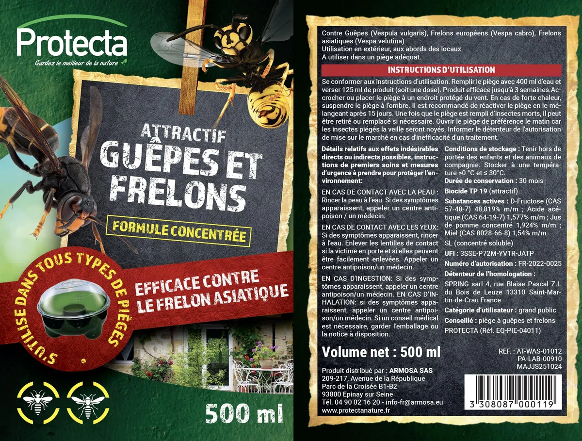 PROTECTA Attractive Vespe, Calabroni e Mosche - Liquido per trappola vespe/protezione naturale ed efficace - concentrato da diluire, può essere utilizzato in tutti i tipi di trappole - 2 x 500 ml