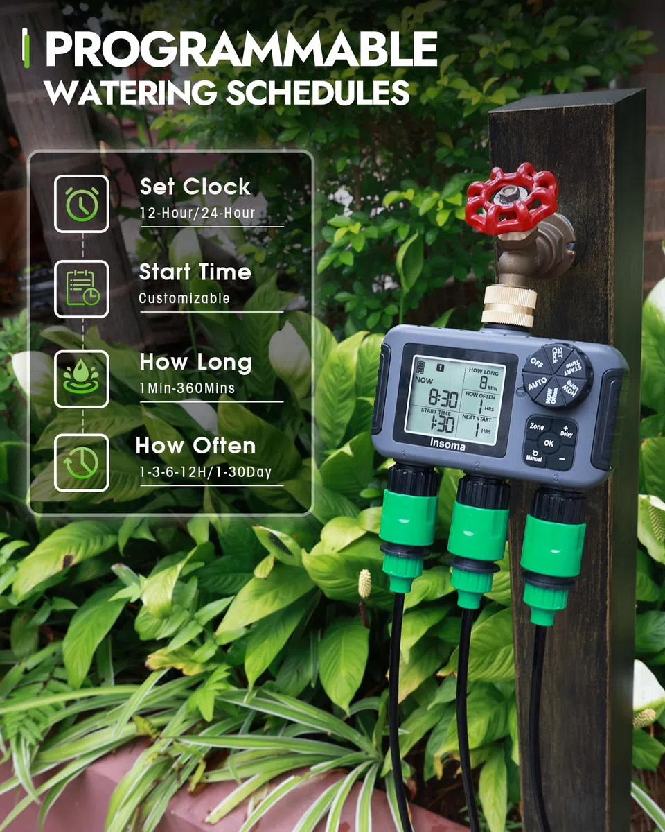 Insoma Timer irrigatore a 3 zone con ingresso in ottone + impermeabile IPX5 | Modalità di irrigazione automatico/manuale programmabile con ritardo pioggia e grande LCD | Timer per tubo dell'acqua 3