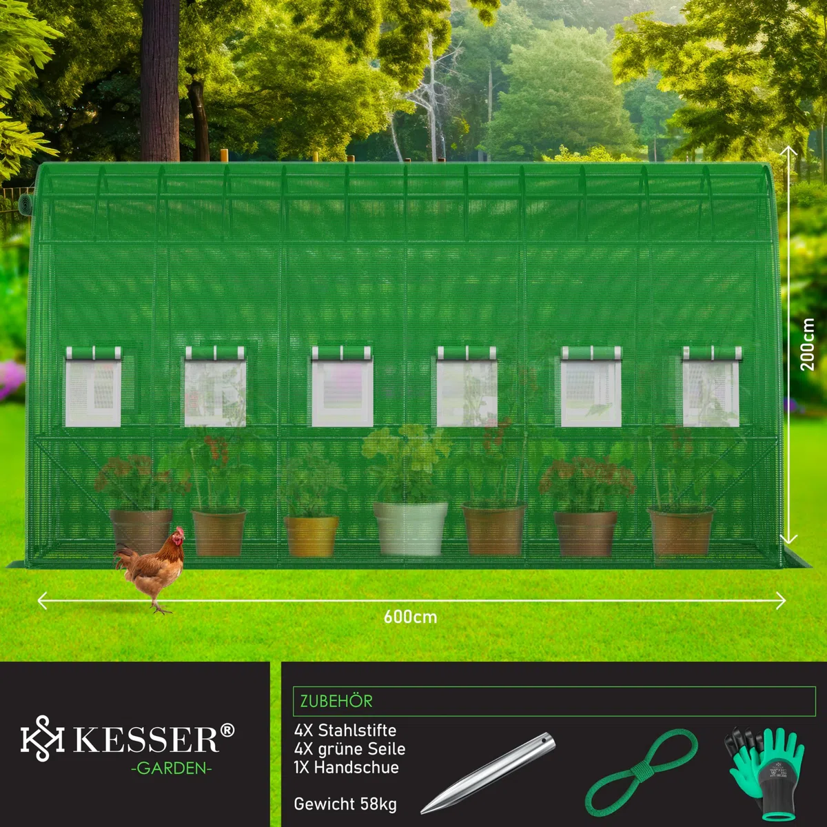 KESSER® Serra stabile con 12 finestre con zanzariera e porta, tunnel da giardino con telaio in acciaio zincato, 170 g/m², con guanti e corde, 600 x 300 cm, verde