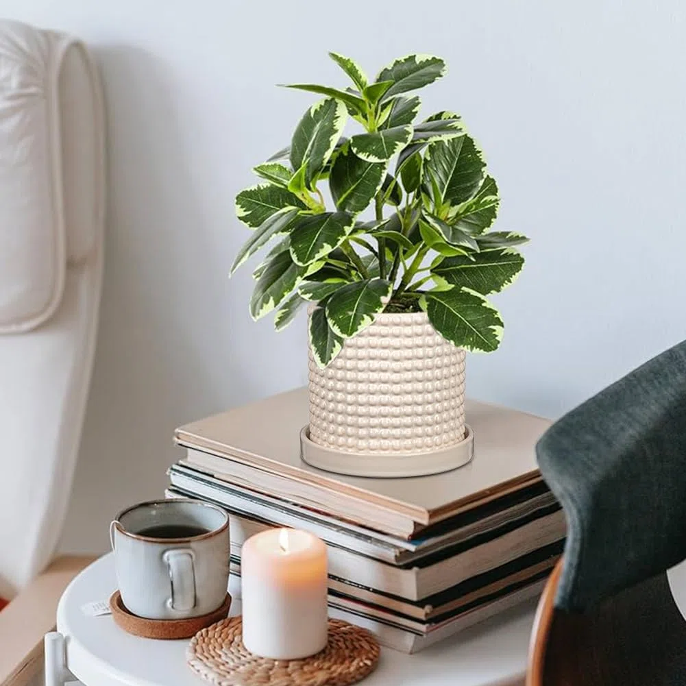 Oairse Vaso per piante in ceramica, 15 cm + 11 cm, con fori di drenaggio, vasi da fiori bianchi, design con perline, vasi decorativi per interni, per cactus, serpente, pianta d'appartamento