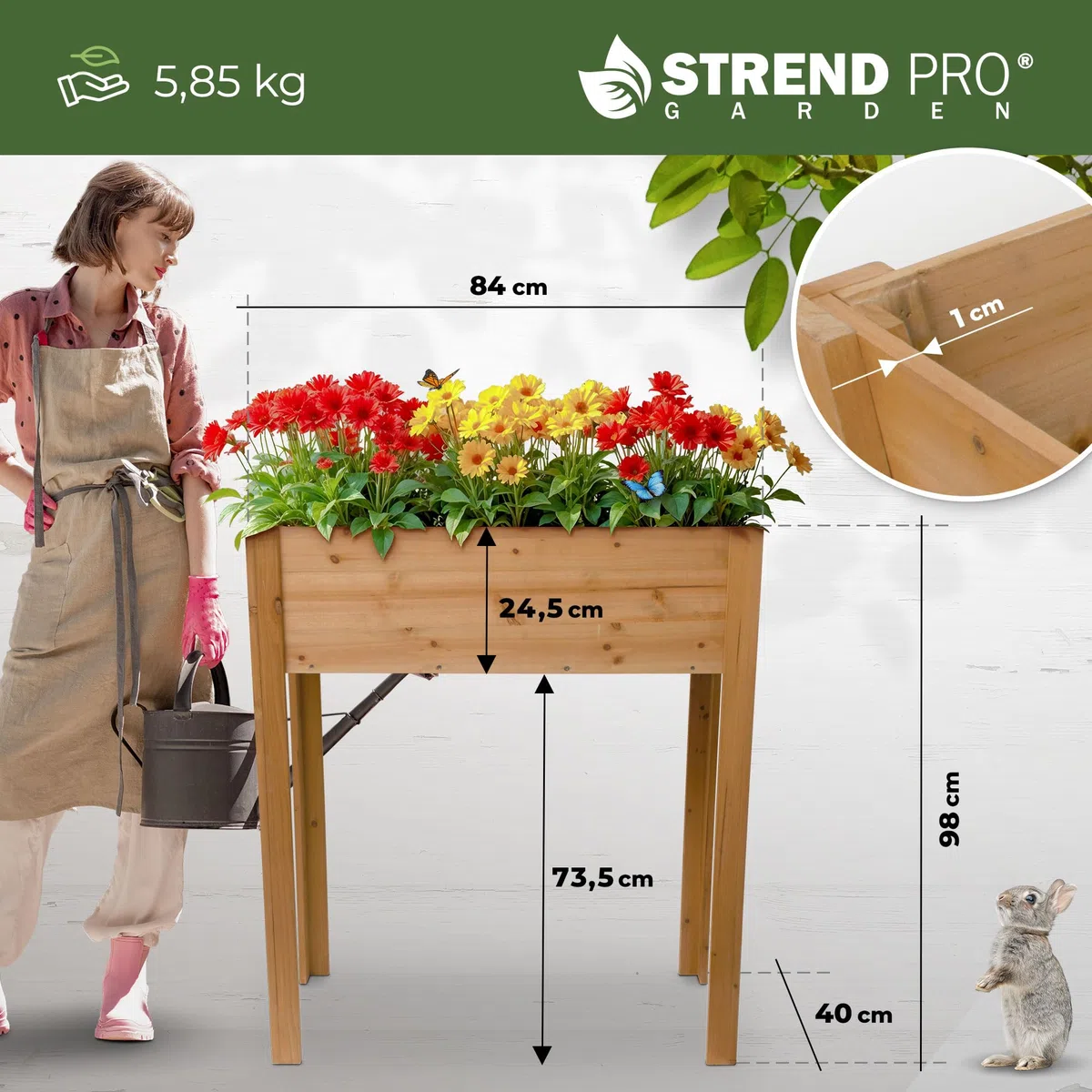 STREND PRO Aiuola rialzata per balcone | 98 cm (A) x 40 cm (P) x 84 cm (L) | Aiuola in legno con telo impermeabile | Piccola aiuola rialzata stretta, ideale per balconi, terrazze e giardini