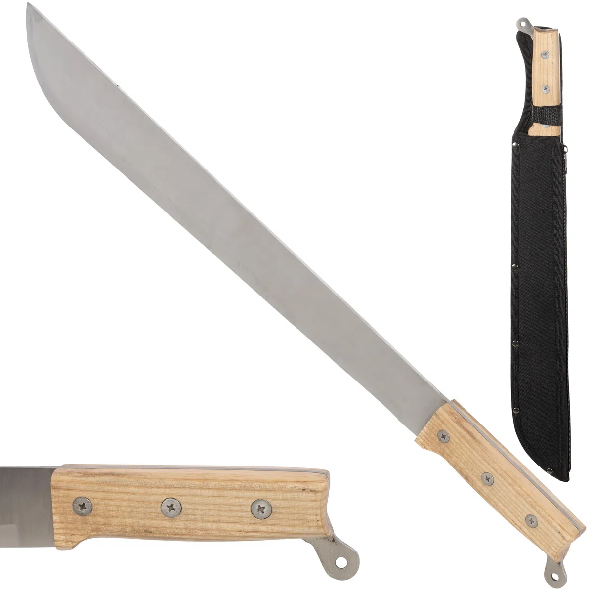 Grande machete davvero affilato, lama Full Tang in acciaio inossidabile con manico in legno avvitato in 3 punti - Lunghezza totale del machete 55 cm