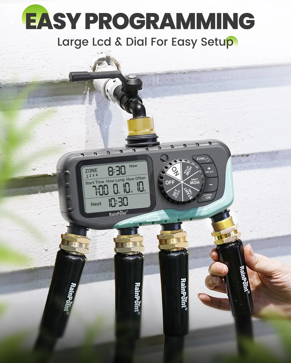 RAINPOINT Timer per irrigazione a 4 zone, programmabile, per tubo flessibile con ritardo della pioggia/sistema di irrigazione manuale/automatico, irrigazione digitale per cortile, prato