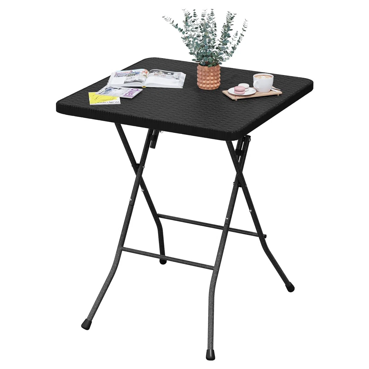 eSituro Tavolo Pieghevole da Balcone, 61x61x73cm, Tavolino da Esterno in Stile Rattan, Tavolo Richiudibile Salvaspazio con Struttura in Metallo, per Giardino, Terrazza, Nero