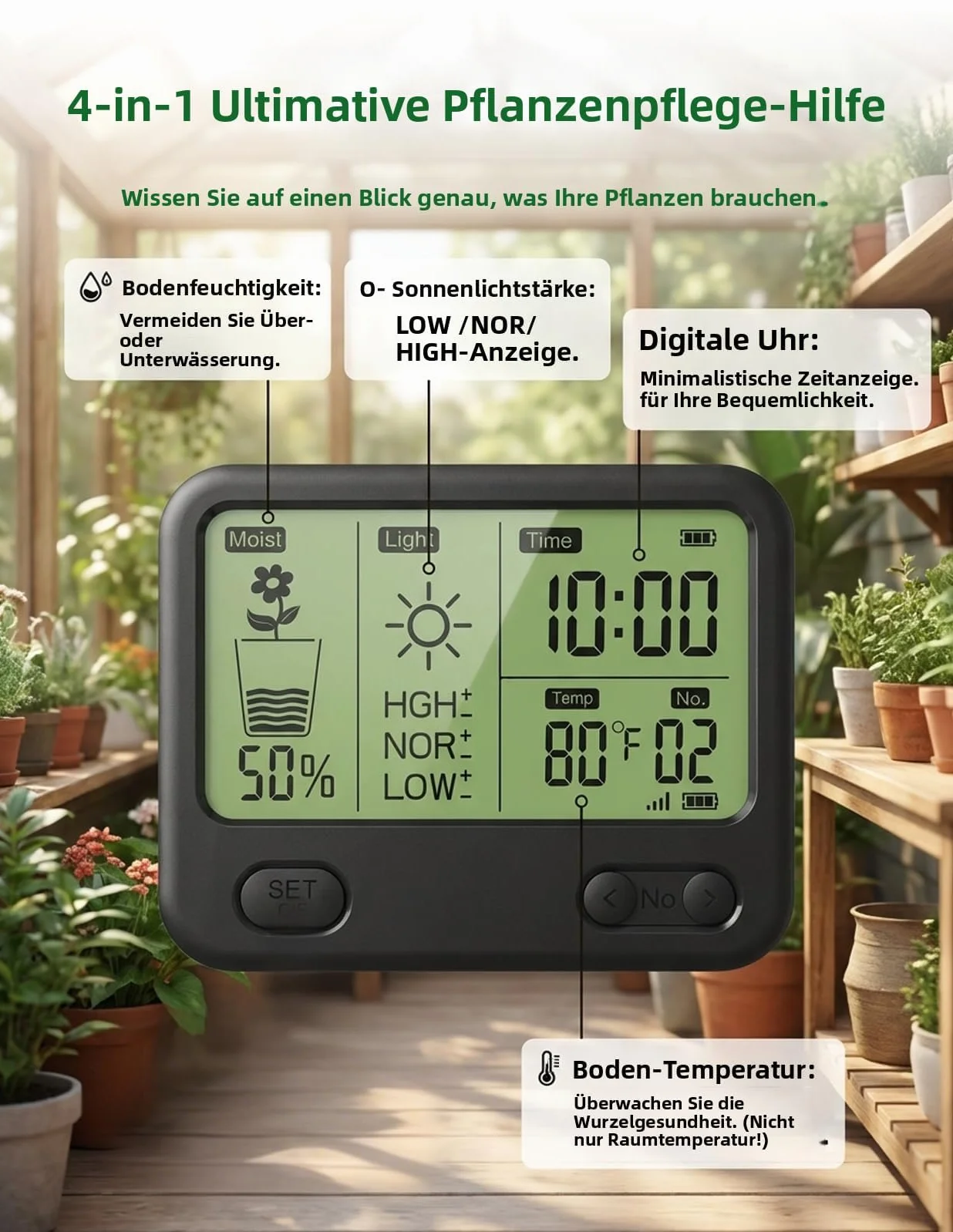 Umidimetro Senza Fili per Pavimento con Ricevitore LCD - Sensore 3 in 1 a 3 sonde (umidità, Temperatura, Luce), Raggio RF di 230 Piedi, Impermeabile, Lunga Durata (2 sensori)