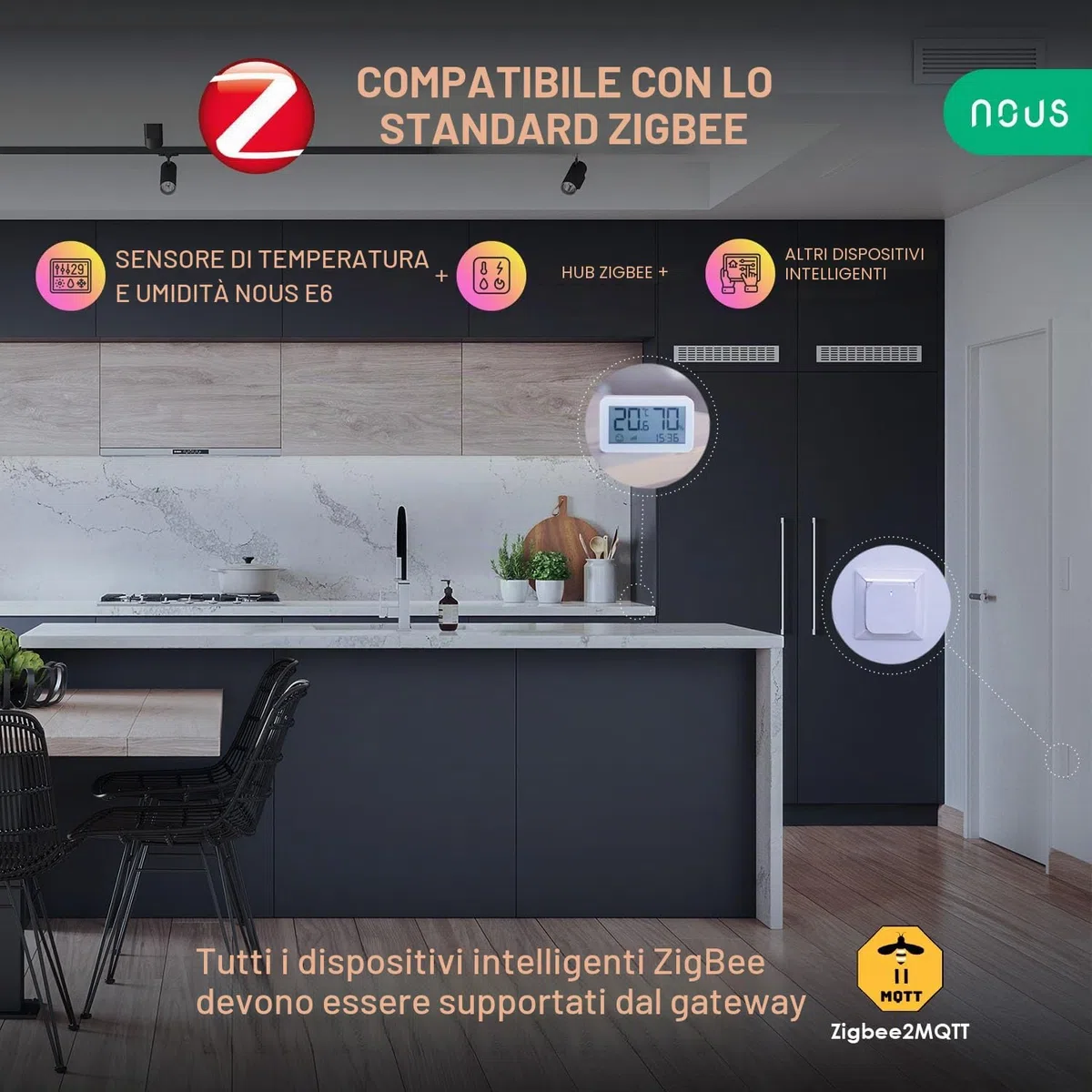 NOUS E6 Sensore di temperatura, termometro intelligente igrometro, sensore di temperatura ZigBee digitale Alexa ZigBee TUYA vita intelligente, MQTT, ZigBee2MQTT
