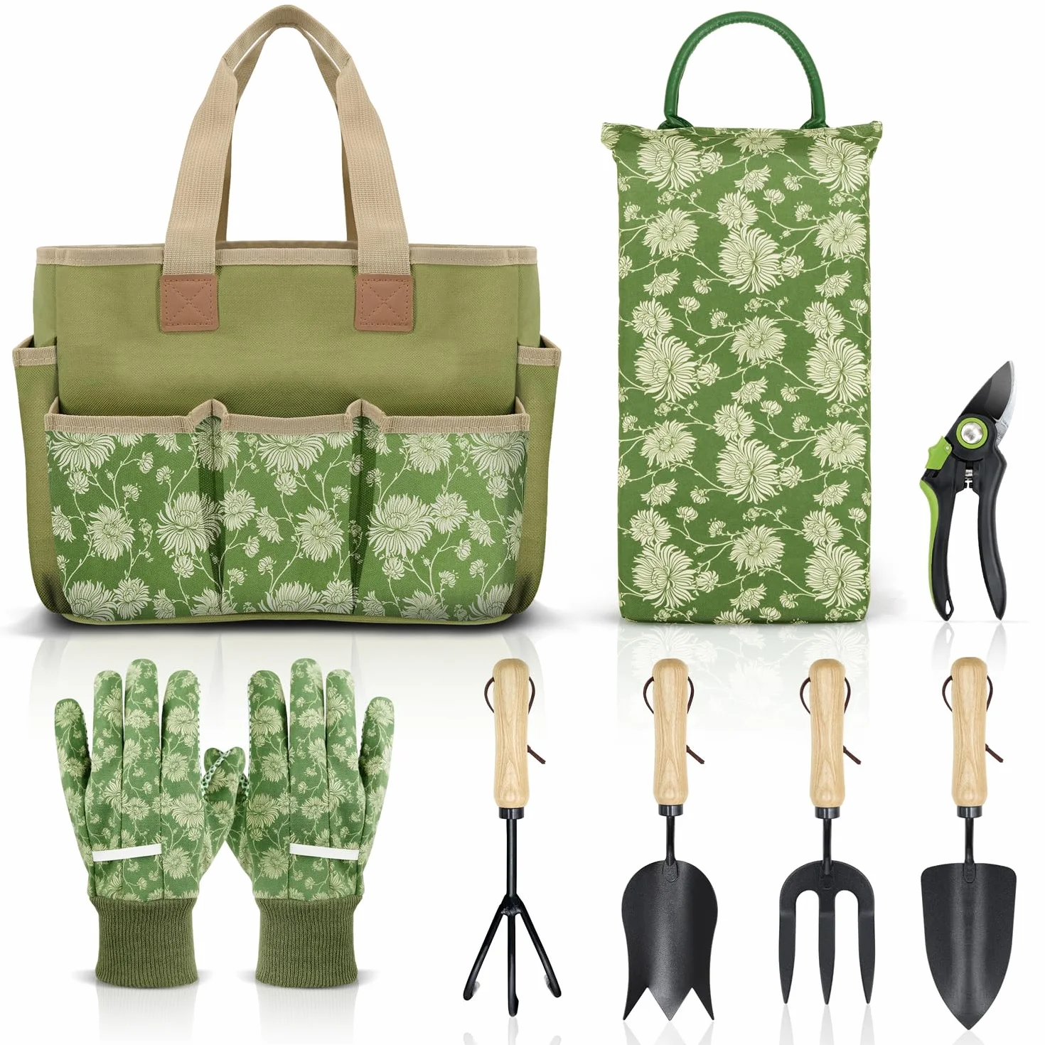 Colwelt Set di attrezzi da giardino, resistenti attrezzi da giardinaggio con manico in legno, tra cui borsa da giardino, ginocchiera, guanti, trapiantatore, coltivatore, regali di giardinaggio per