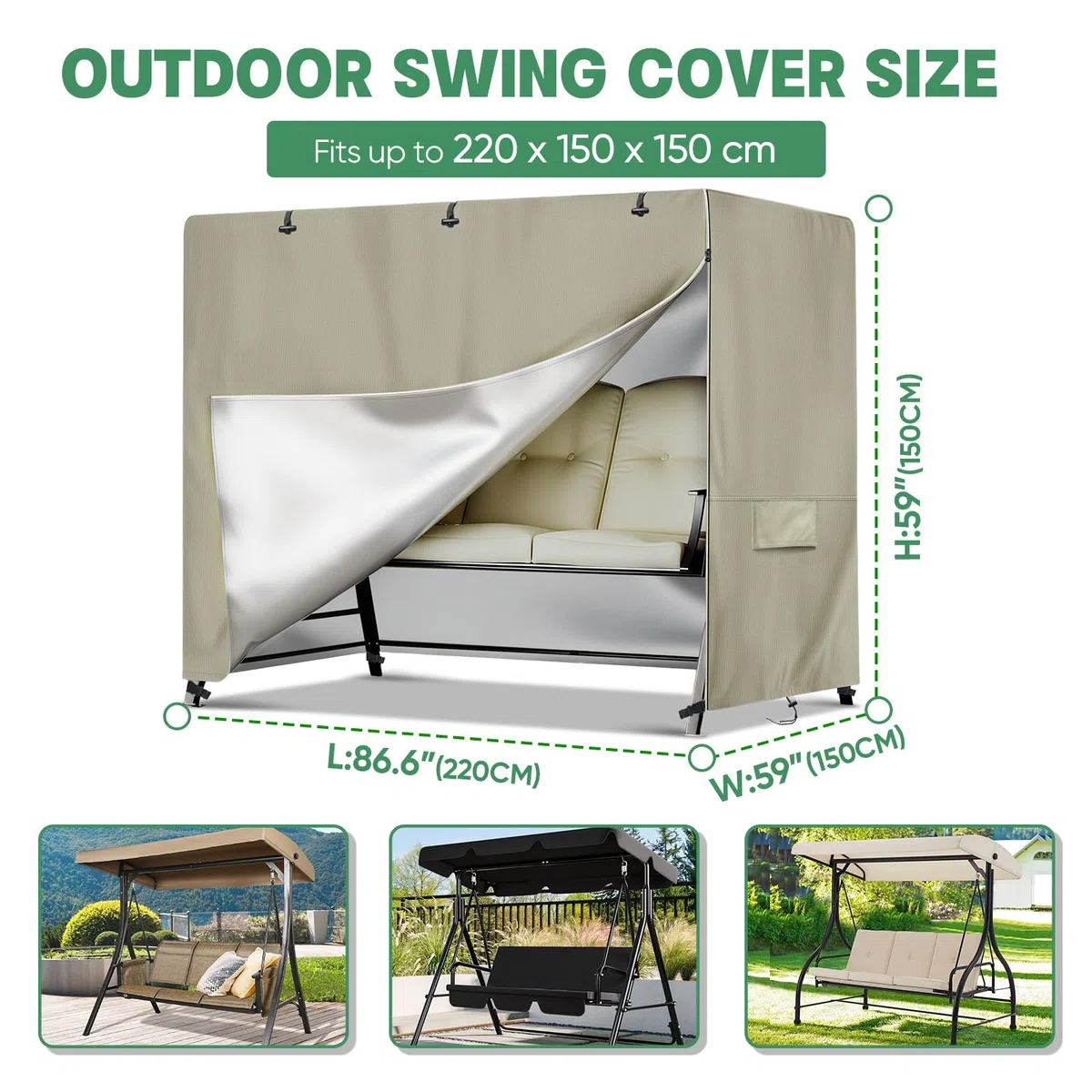 NEVERLAND Copertura Dondolo 3 Posti - Copertura Altalena Impermeabile, Antivento Antipolvere, Tessuto Oxford 420D Anti-UV, Telo Copri Dondolo da Esterno, per da Giardino Swing, 220x150x150CM, Kaki